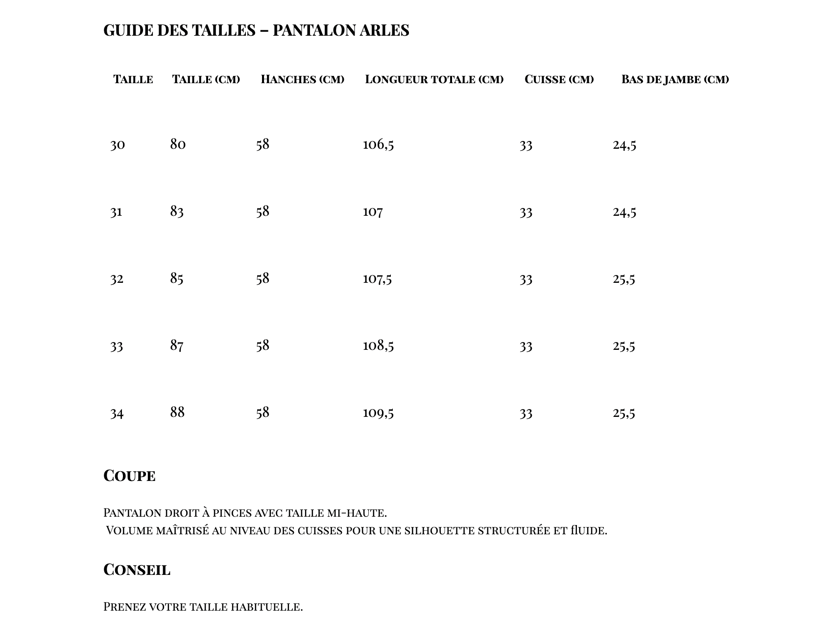 Tableau guide des tailles pour pantalons Arles, avec colonnes pour taille, centimètres, hanches, longueur, cuisse, et bas de jambe, incluant des tailles allant de 30 à 34.