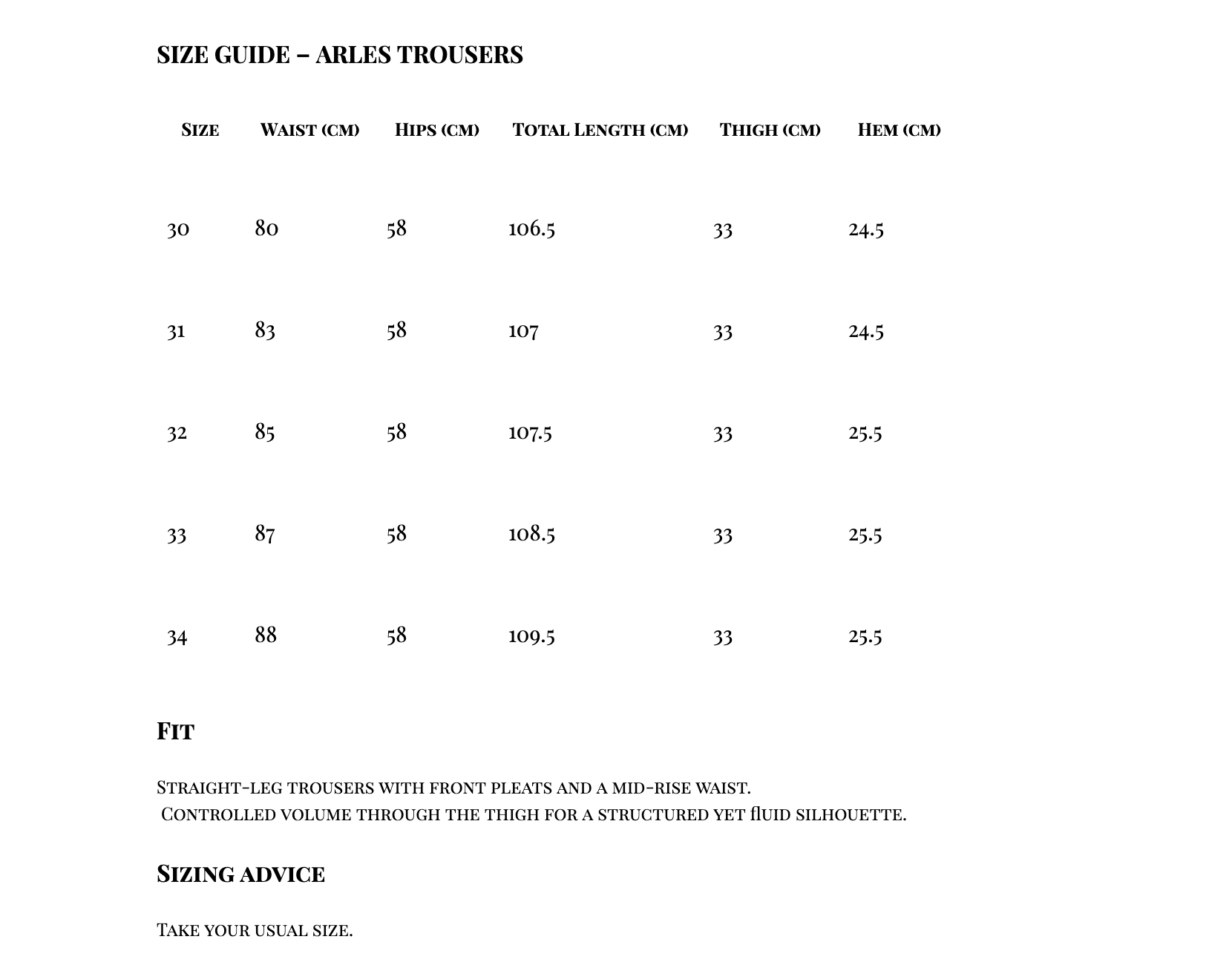 Guide des tailles pour pantalons avec mesures en centimètres, incluant la taille, les hanches, la longueur totale, la cuisse, et l'ourlet, pour différentes tailles, de 30 à 34.