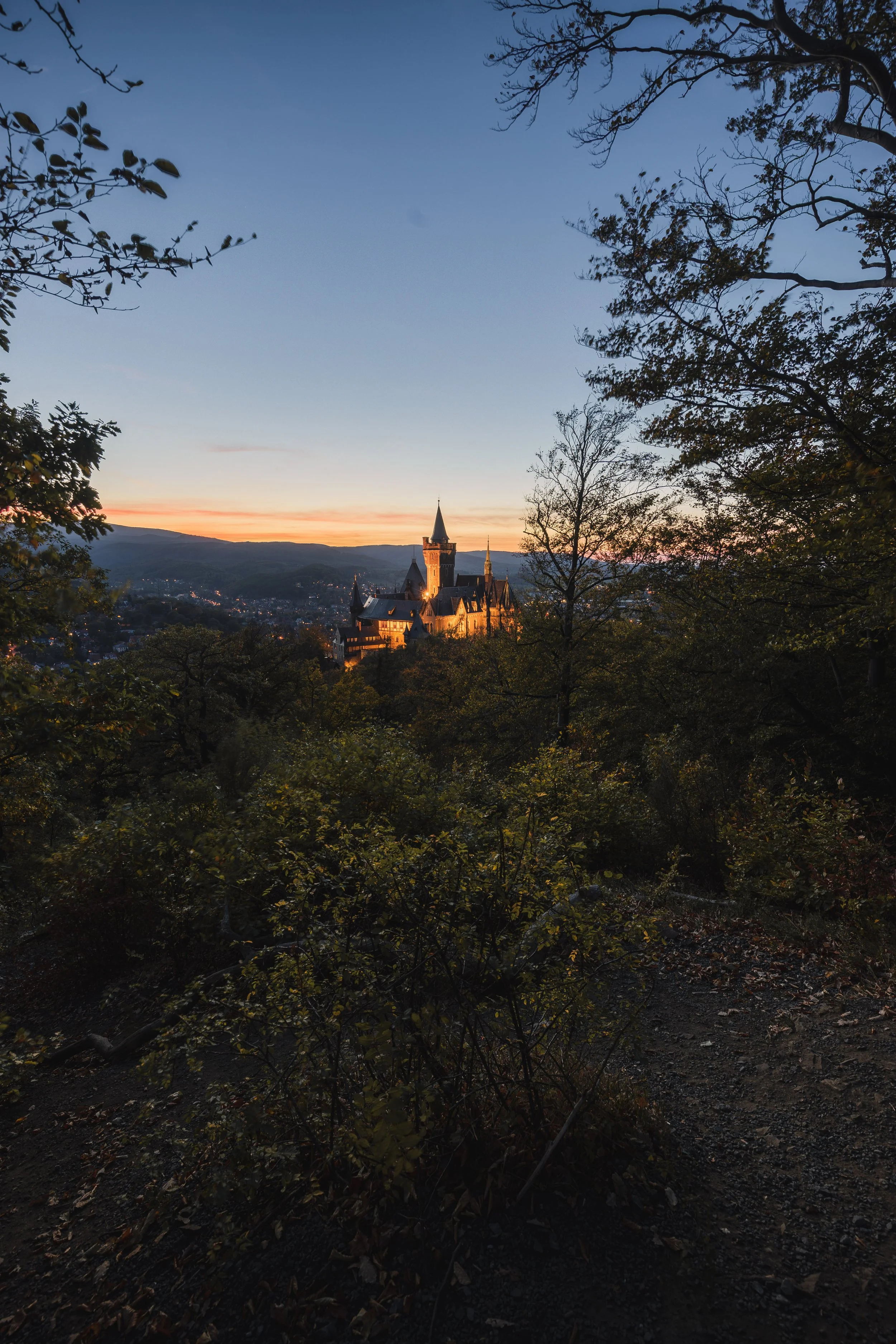 Burg auf Hügel bei Sonnenuntergang, umgeben von Bäumen und Wäldern, im Dämmerlicht.