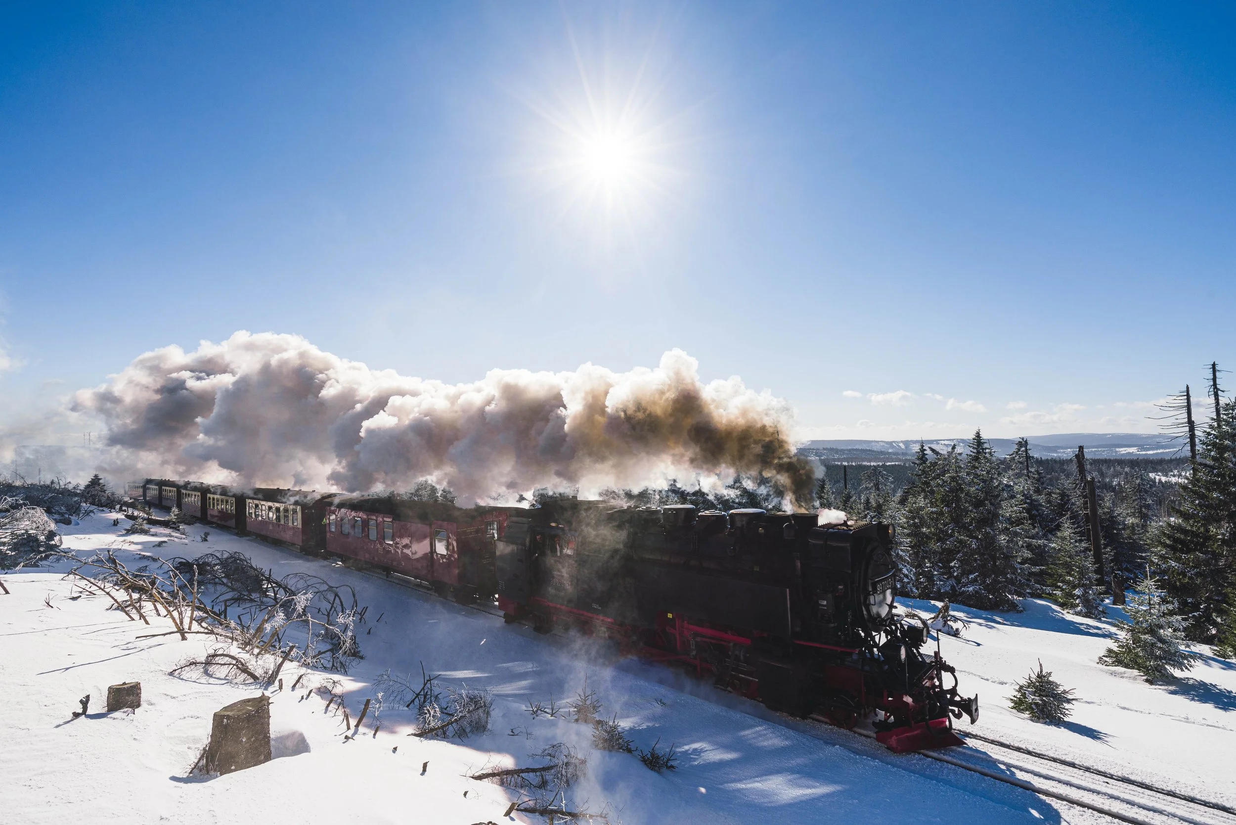 Ein schwarzer Dampfzug fährt durch eine verschneite Winterlandschaft mit Bäumen und Staub in der Luft, bei sonnigem Himmel.