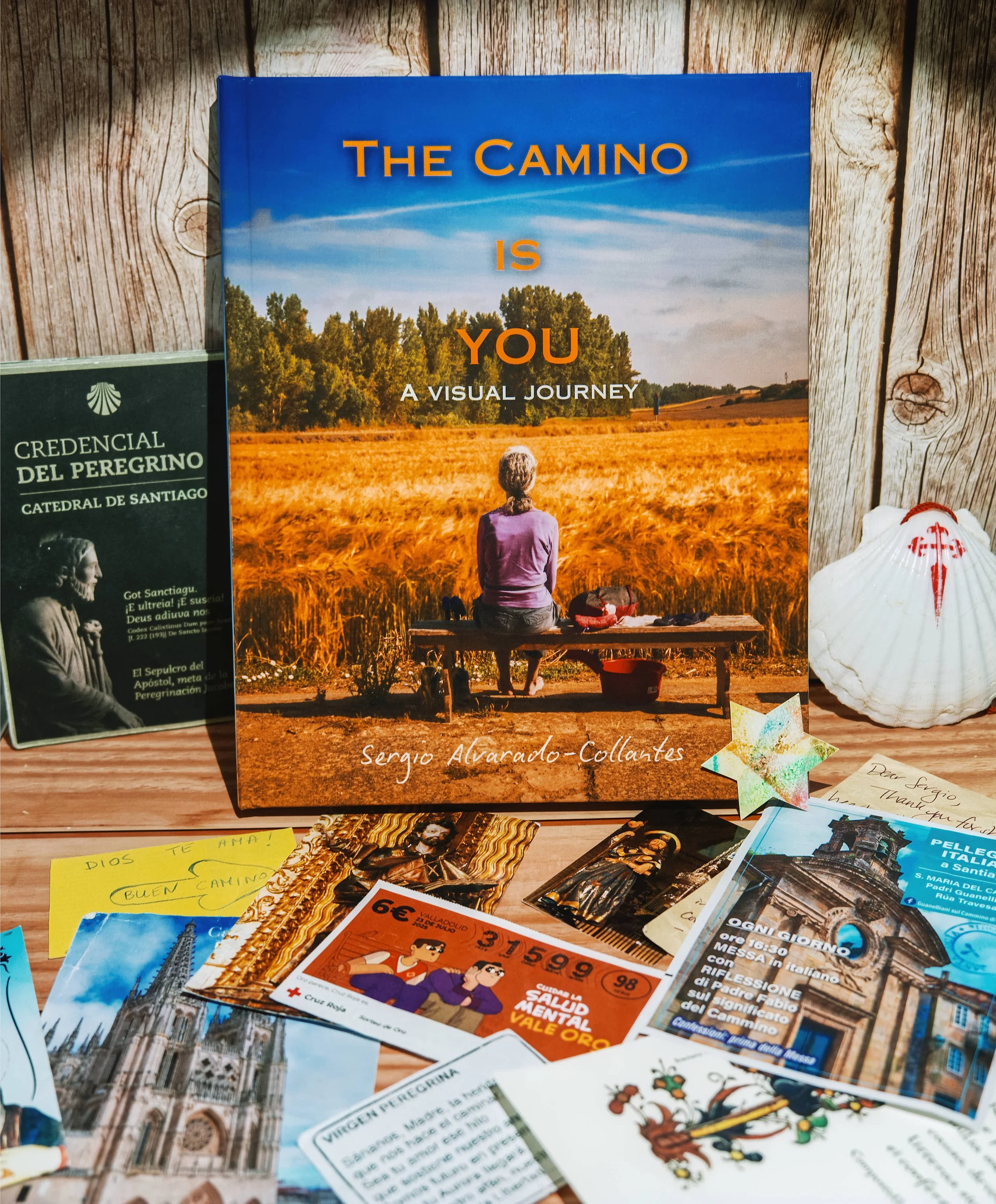 A book titled 'The Camino is You: A Visual Journey' by Sergio Alvarado-Collantes is displayed on a wooden surface with various pamphlets, notes, and postcards around it, along with a seashell with a red marking.