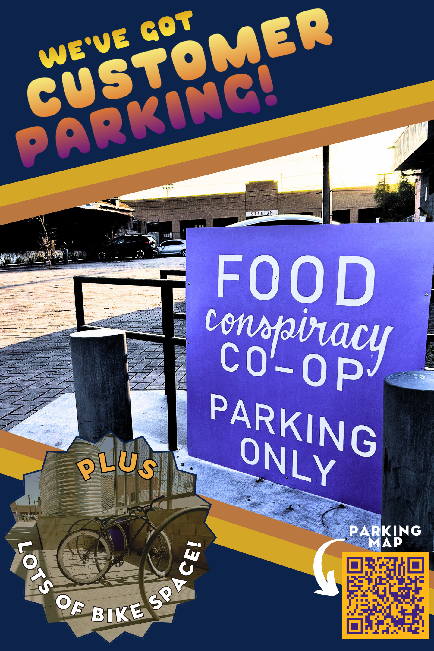 Sign reading 'We've got customer parking' with a parking lot and a building in the background, and a purple sign that says 'Food co-op.'