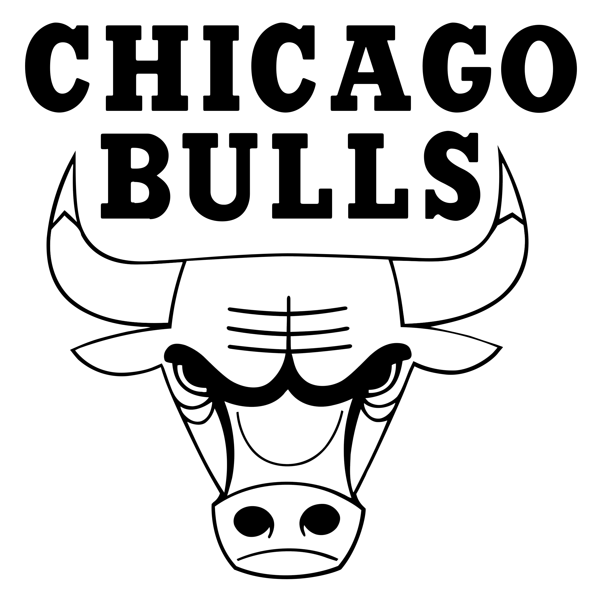 Outline illustration of a bull's head with horns, eyes, and nose, set against a black background.