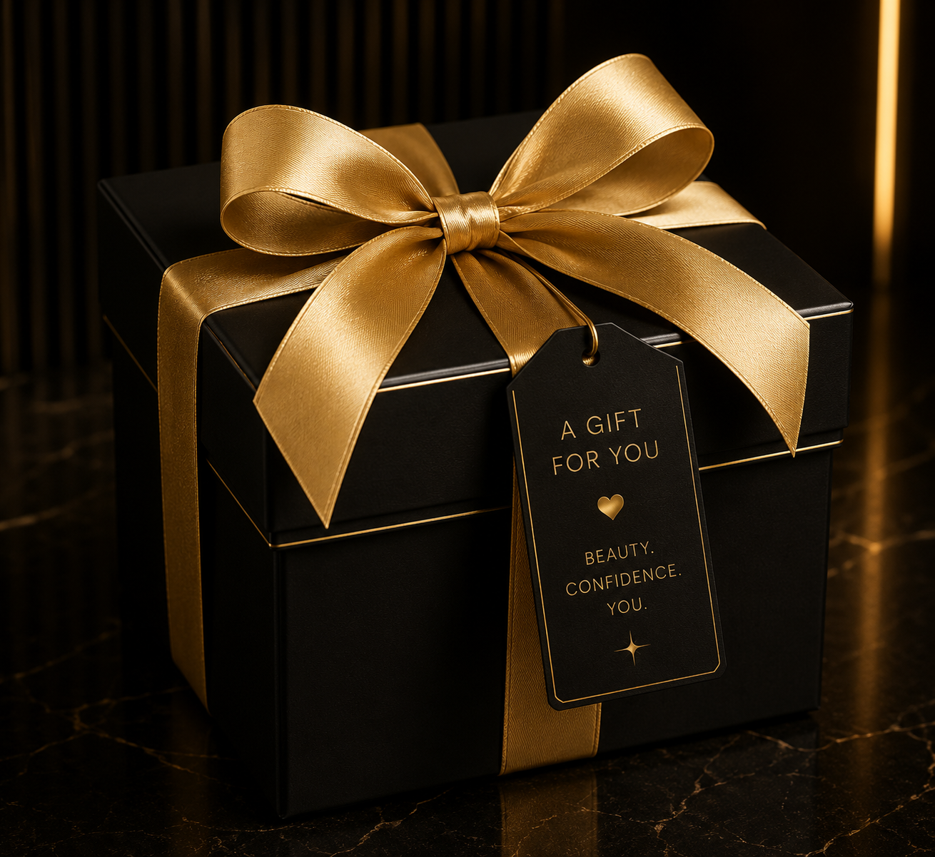 A black gift box with gold accents, decorated with a large gold satin bow and a gift tag that reads 'A gift for you. Beauty. Confidence. You.'