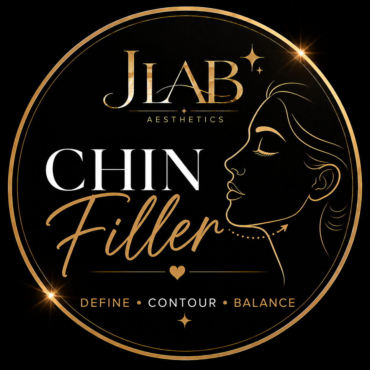 Logo for JLAB Aesthetics featuring a gold-lined circle with a profile illustration of a woman's face, and text highlighting chin filler services to define, contour, and balance the chin.