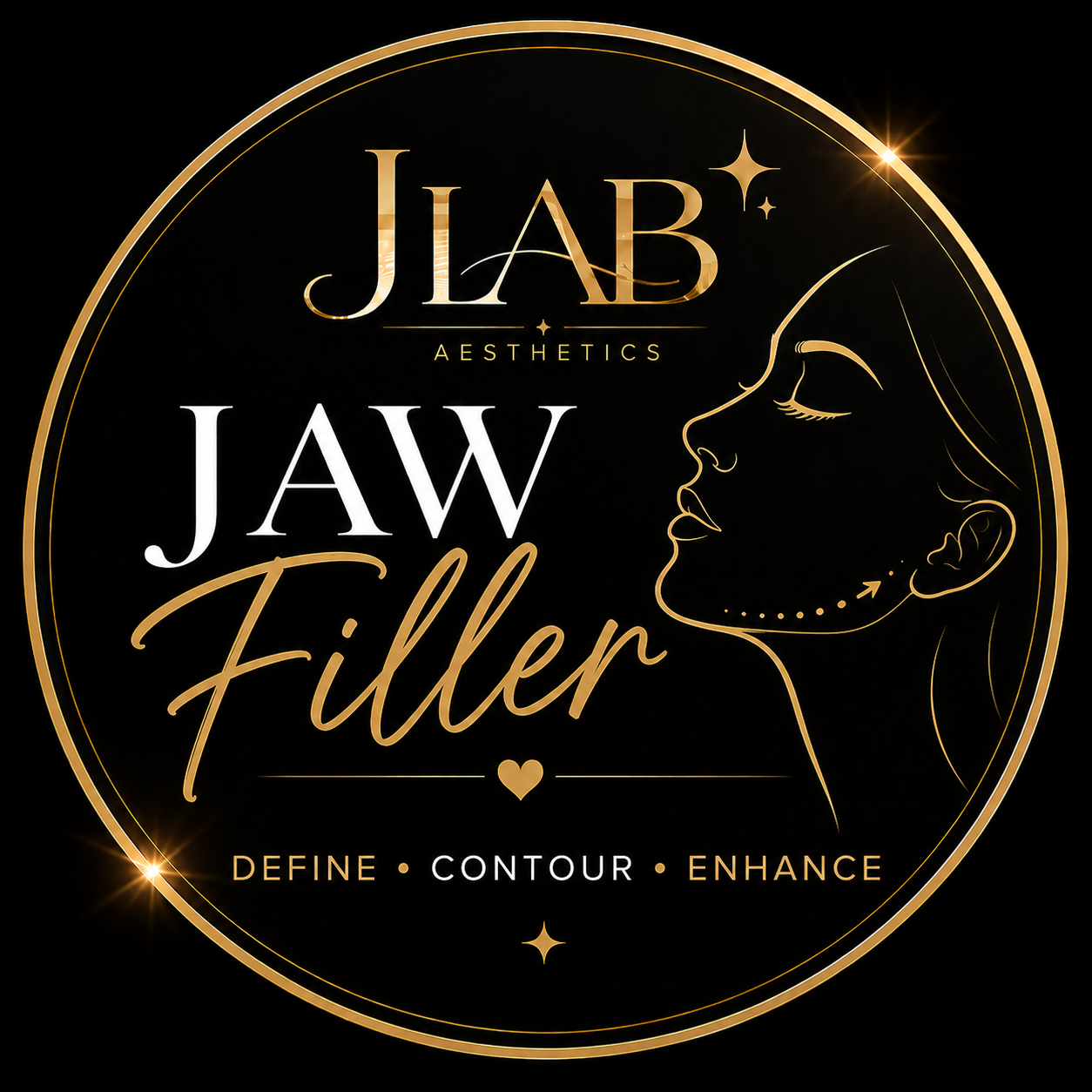 Logo for JLAB Aesthetics featuring profile of a woman's face in gold outline with makeup markings, text promoting contouring, defining, and enhancing the jawline, set against a black background with gold accents and stars.