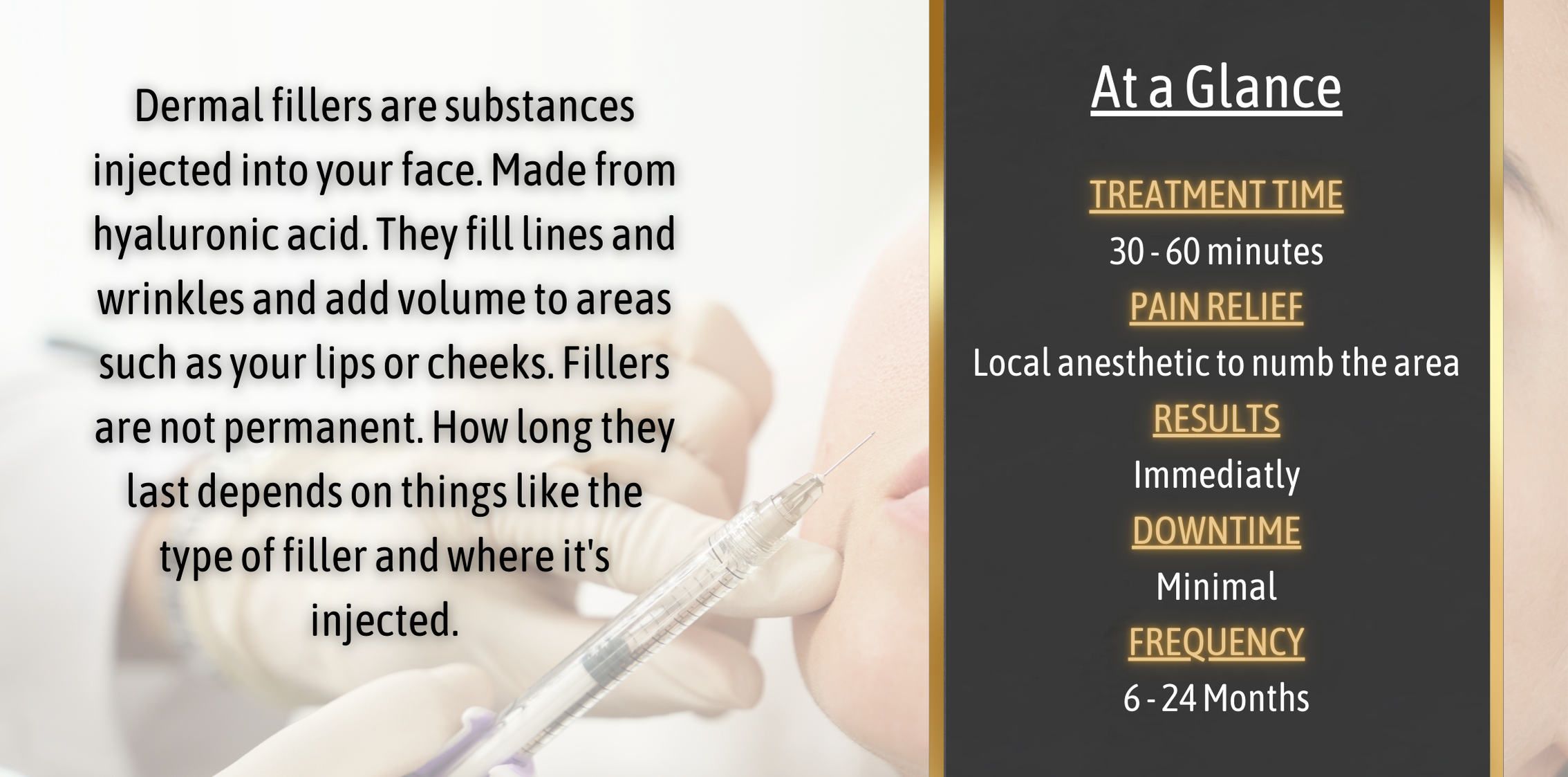 Dermal filler injection process with treatment overview including time, pain relief, results, downtime, and frequency.