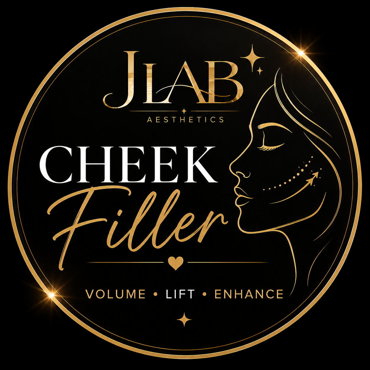 Gold and white logo for JLAB AESTHETICS, featuring a stylized profile of a woman's face with dotted lines and arrows, with text that says 'Cheek Filler' and words 'Volume', 'Lift', 'Enhance' at the bottom.