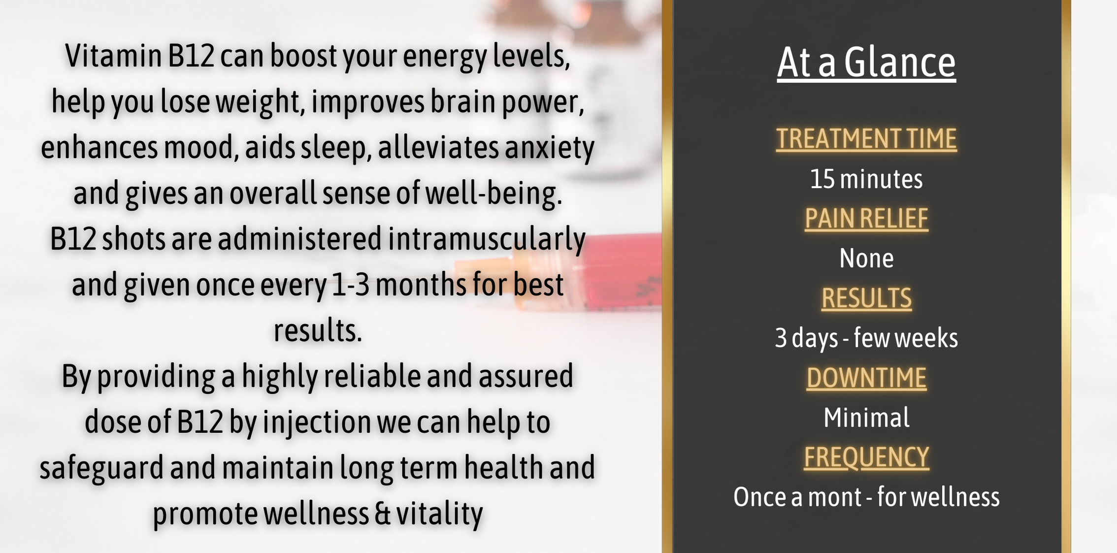 Vitamin B12 injection benefits and quick treatment details. Boosts energy, aids weight loss, enhances brain function, mood, and sleep, reduces anxiety. Administered intramuscularly every 1-3 months. Quick 15-minute procedure with minimal downtime, no pain relief needed, results in 3 days to weeks.