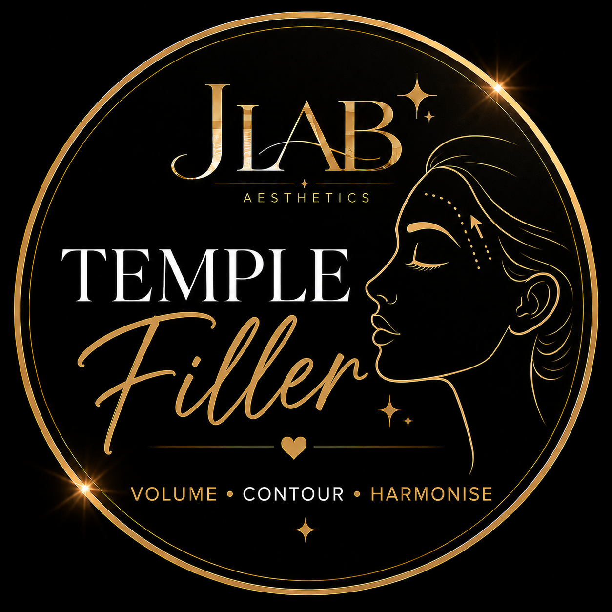 Black circular logo with gold accents for JLAB Aesthetics, featuring a side profile outline of a woman's face with dotted lines and an arrow indicating facial contouring, along with text for 'Temple Filler' and services like volume, contour, and harmonise.