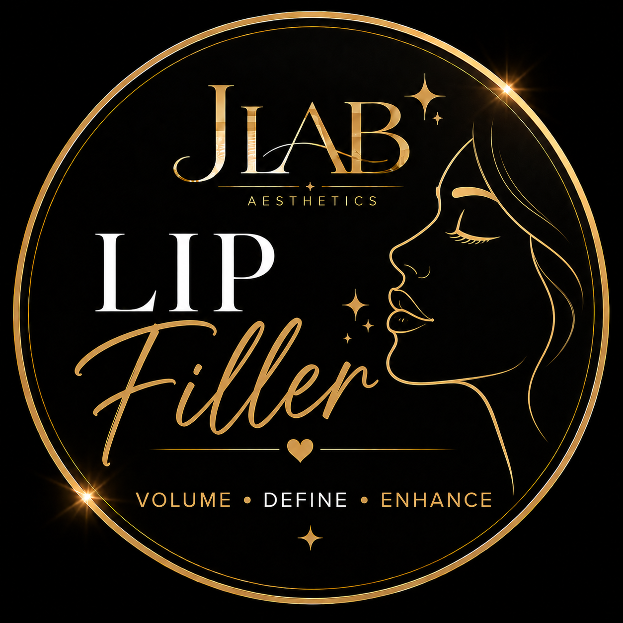 Gold and black circular logo for JLAB Aesthetics featuring a line art profile of a woman's face with closed eyes, stars, and sparkles. Text includes 'LIP Filler' in large script, 'JLAB Aesthetics', and the words 'VOLUME,' 'DEFINE,' and 'ENHANCE' at the bottom.