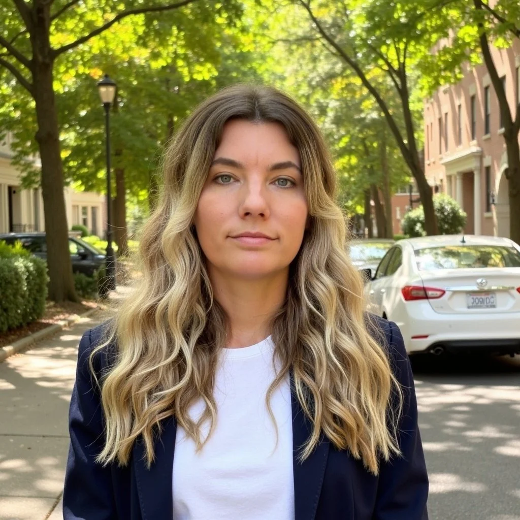 A woman with long, wavy blonde hair and light skin standing outdoors on a city street lined with trees and parked cars, looking directly at the camera.