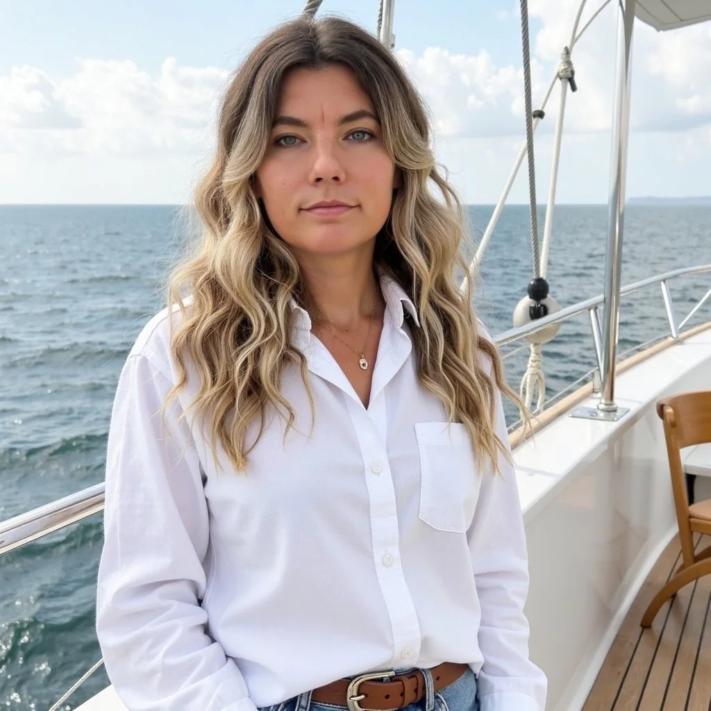 A woman with wavy blonde hair wearing a white shirt standing on a boat with the sea and sky in the background.