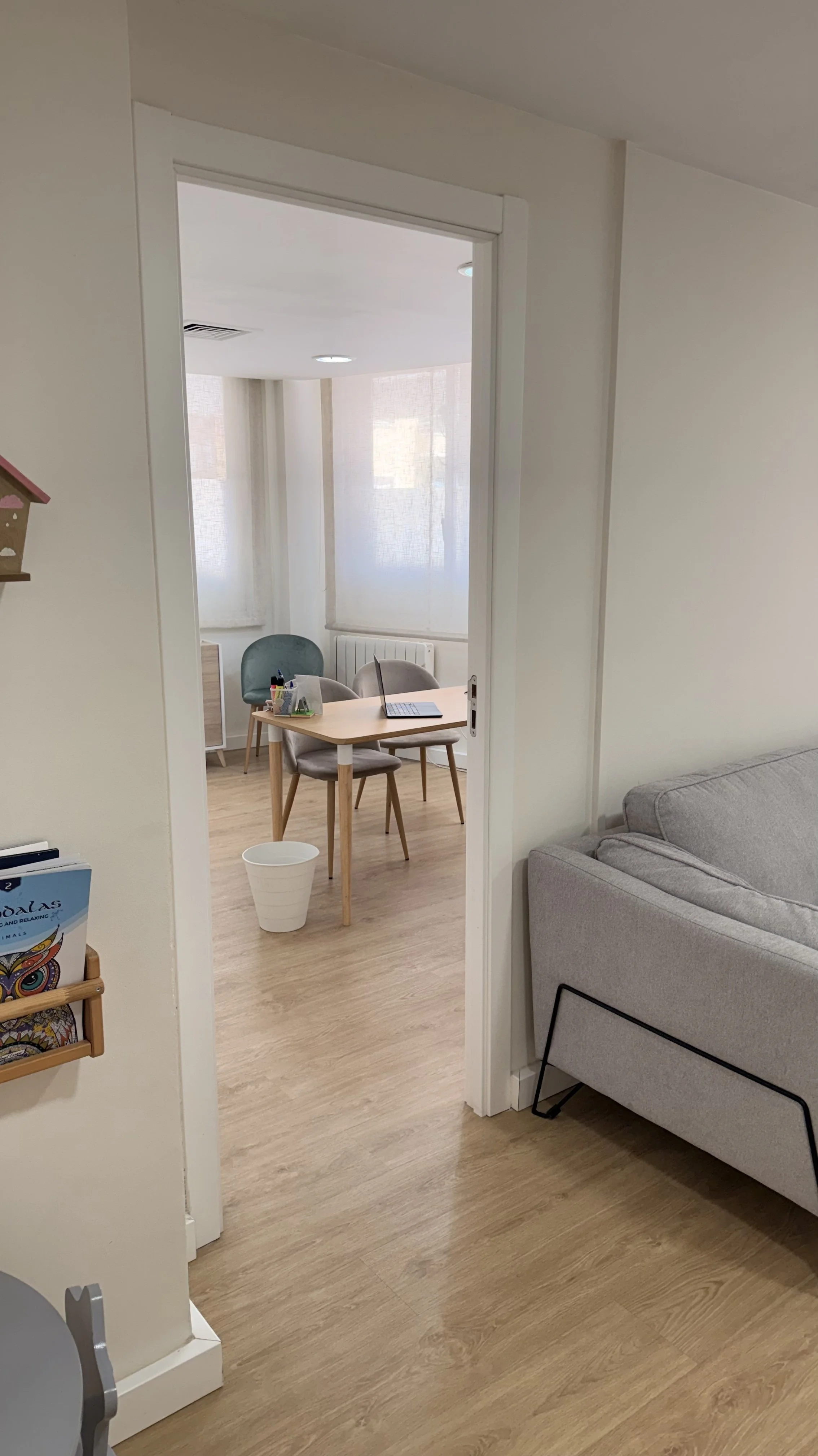 Vista de una sala de oficina con ventanas cubiertas con cortinas, una mesa con una laptop y sillas. En el primer plano, una pared con estantería con libros y una butaca gris al lado.