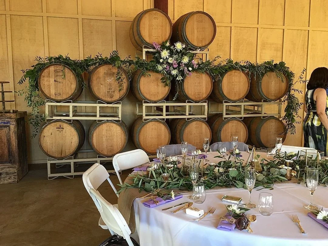 Barrel decor at winery wedding at Four Sisters Ranch Paso Robles wine country wedding venue