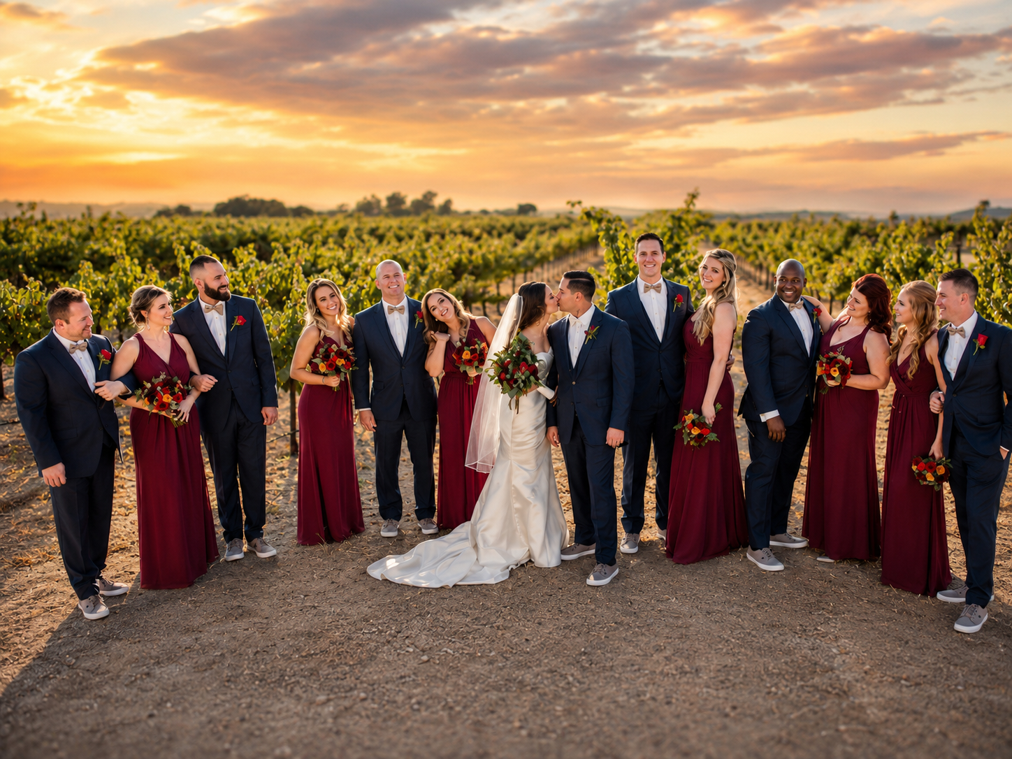 Wedding party sunset photo shoot at Four Sisters Ranch vineyard in Paso Robles
