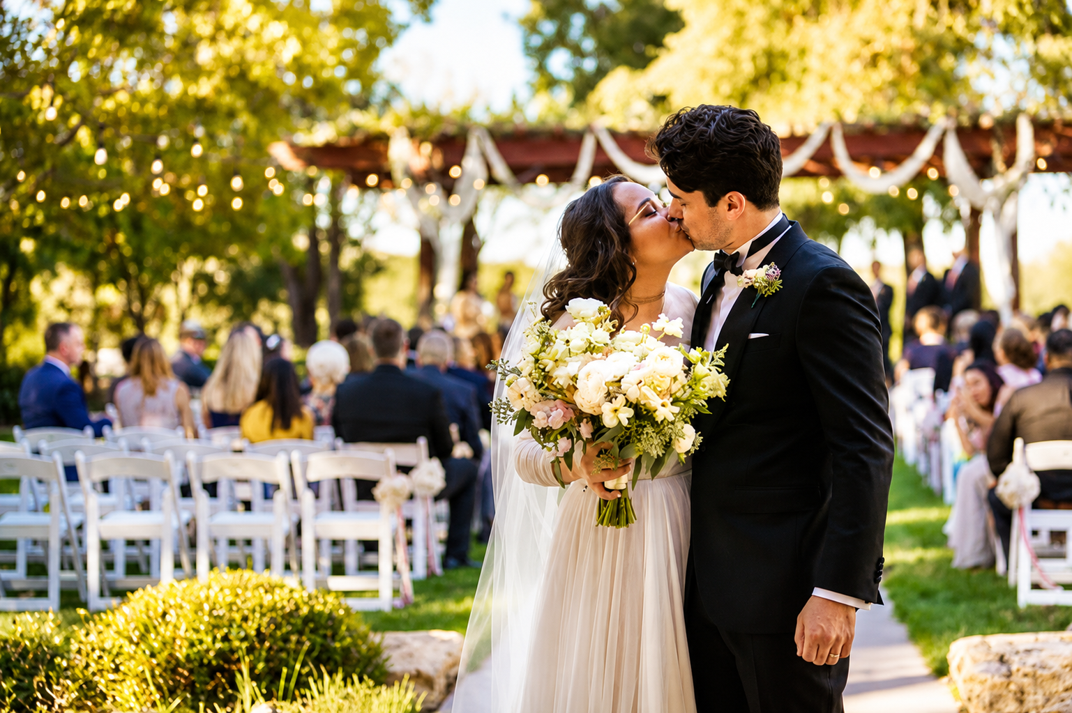 A bride and groom sharing a kiss during their outdoor wedding ceremony, with wedding guests seated in the background under a decorated pavilion.