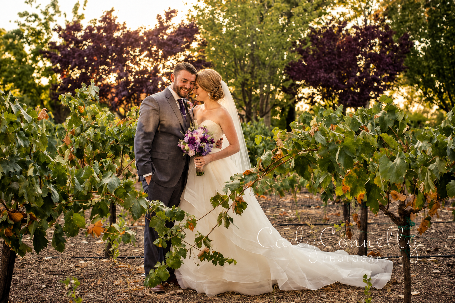A bride and groom standing close together in a vineyard at sunset, the bride holding a purple, pink, and white bouquet, both smiling and touching foreheads.