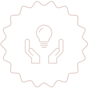 Outline of hands holding a lightbulb inside a scalloped circle