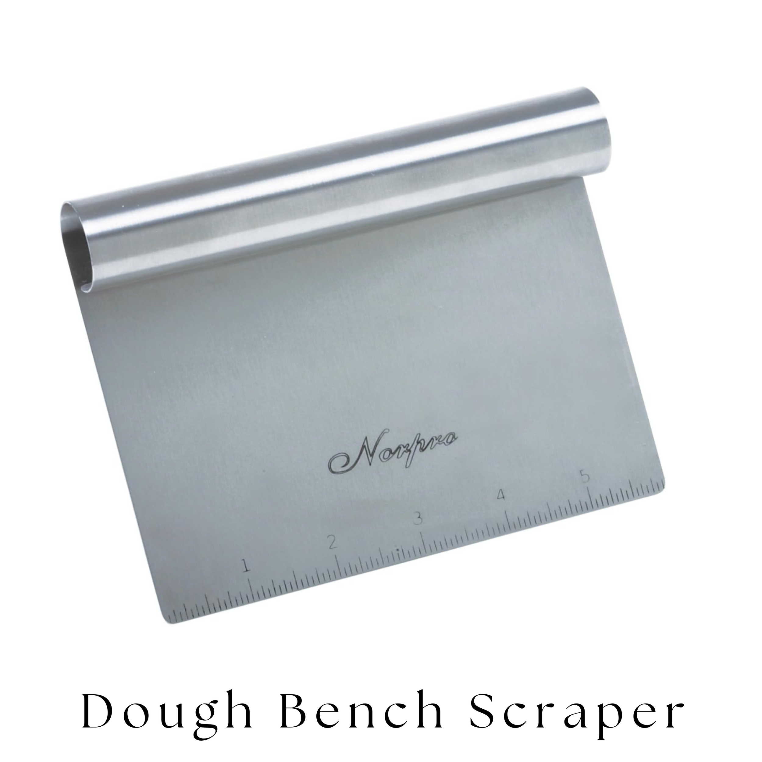 Metal dough bench scraper with a ruler, labeled 'Nayara' and  as 'Dough Bench Scraper'.
