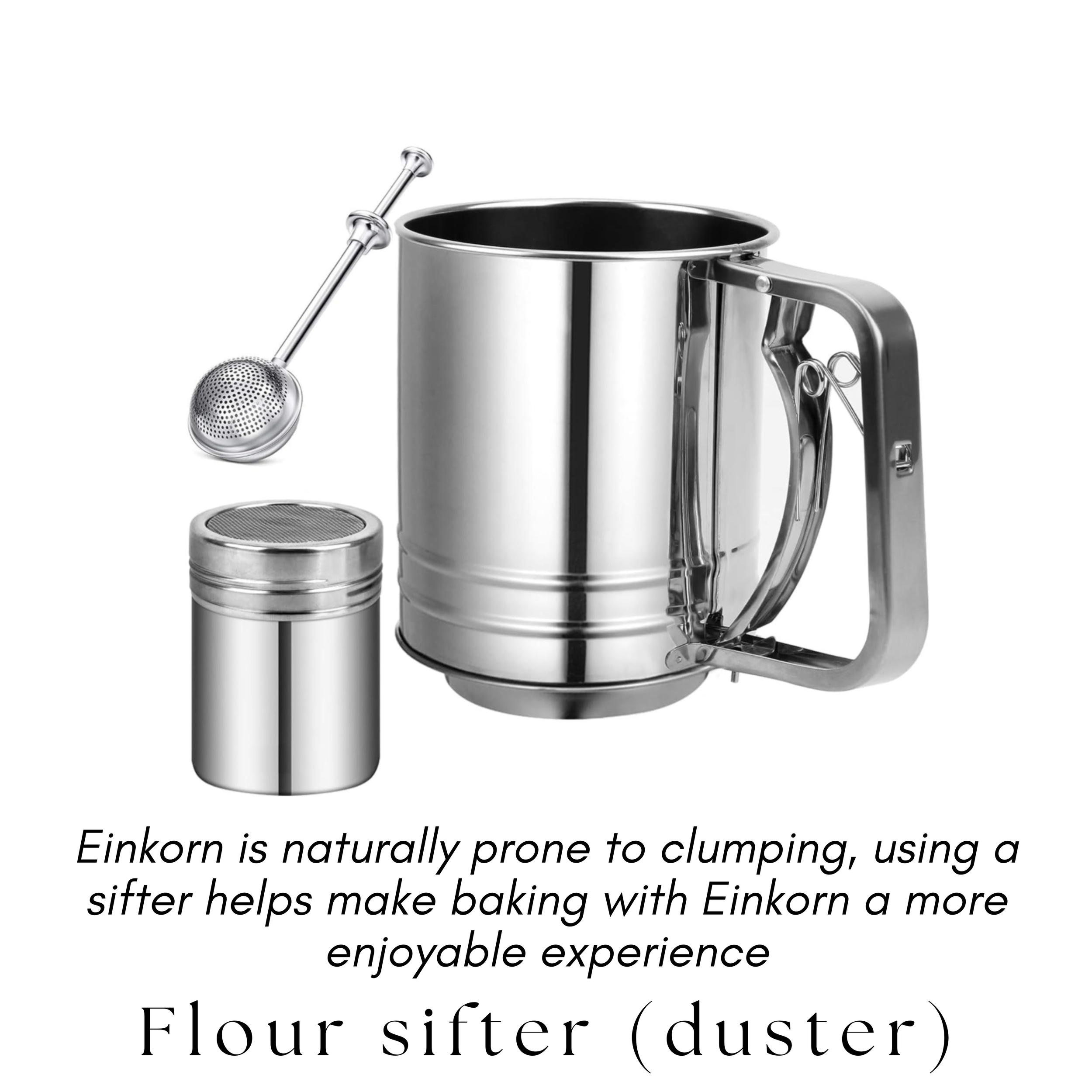 Stainless steel flour sifter, fine mesh, with a built-in handle, alongside a matching flour tin and a tea infuser, all set against a plain white background. Contains instructional text about using a sifter to prevent clumping while baking.