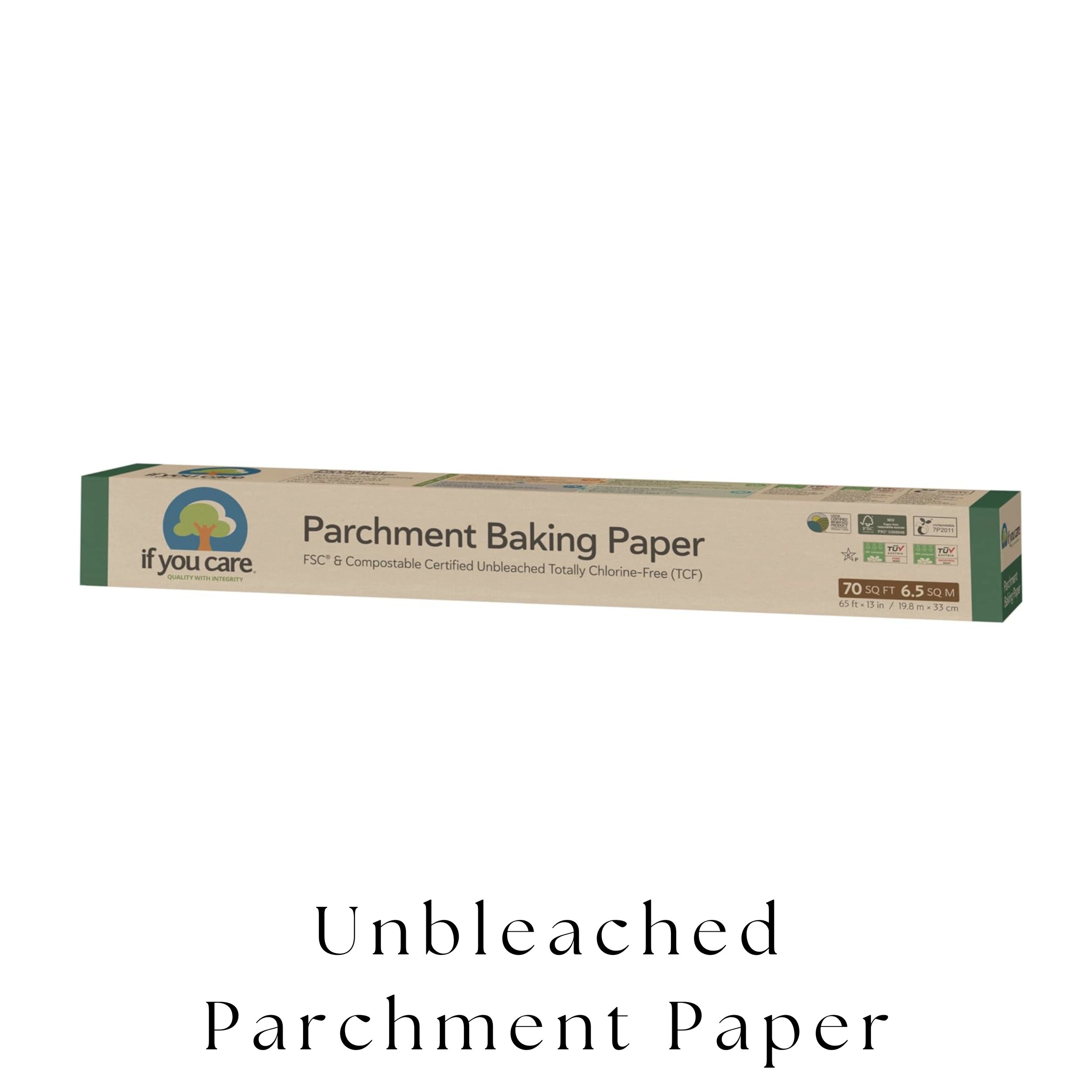 Unbleached parchment baking paper in a long rectangular box with a green and beige design, labeled 'if you care' and 'Parchment Baking Paper'.