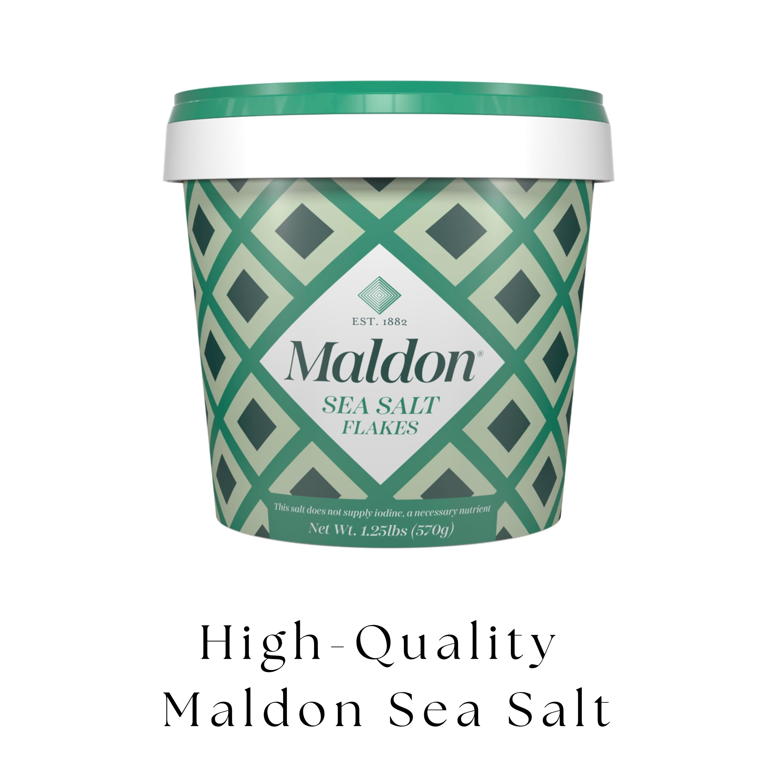 A container of Maldon sea salt flakes with a geometric green and white pattern, labeled "High-Quality Maldon Sea Salt".