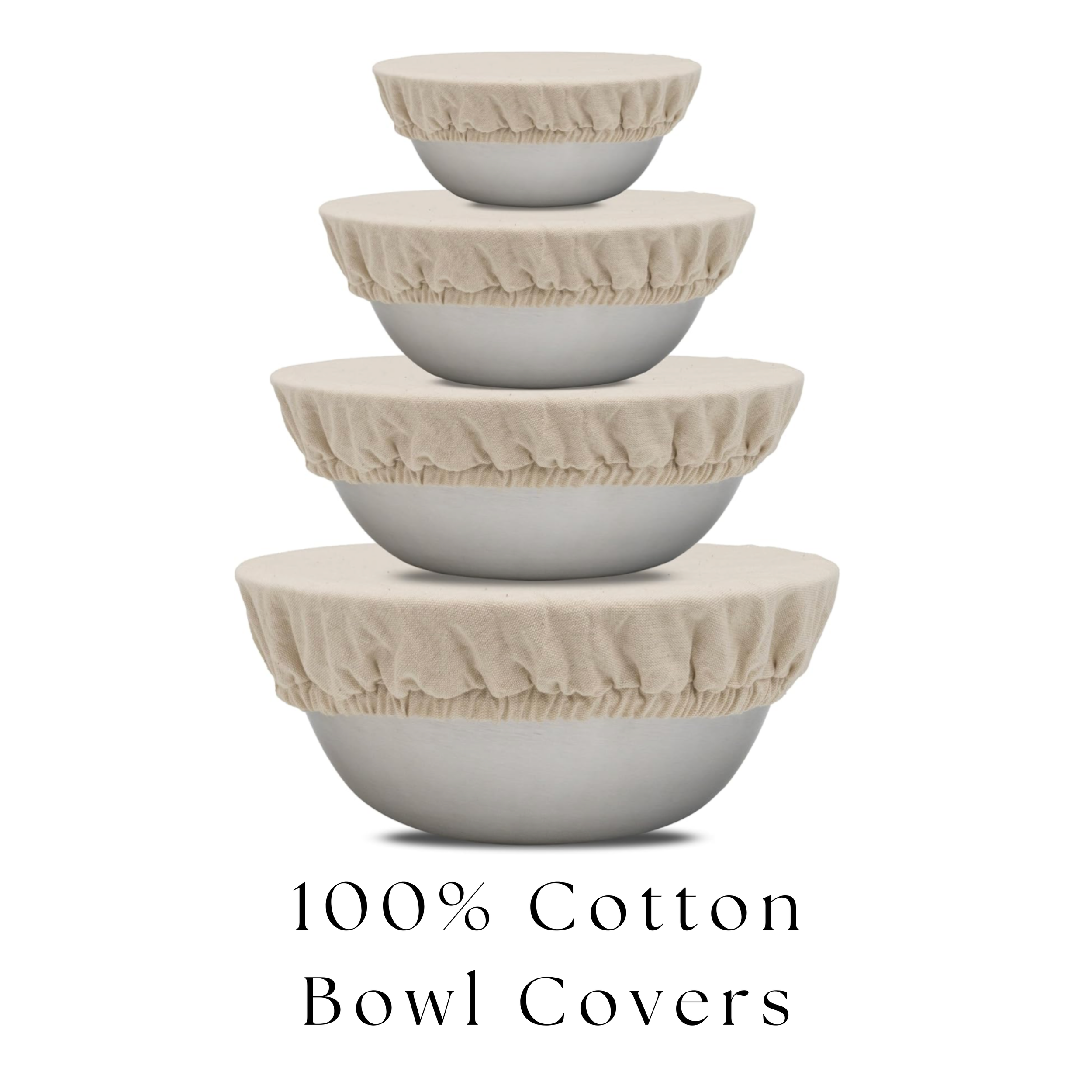 Four stacked ceramic bowls with beige cotton bowl covers and text "100% Cotton Bowl Covers" underneath.