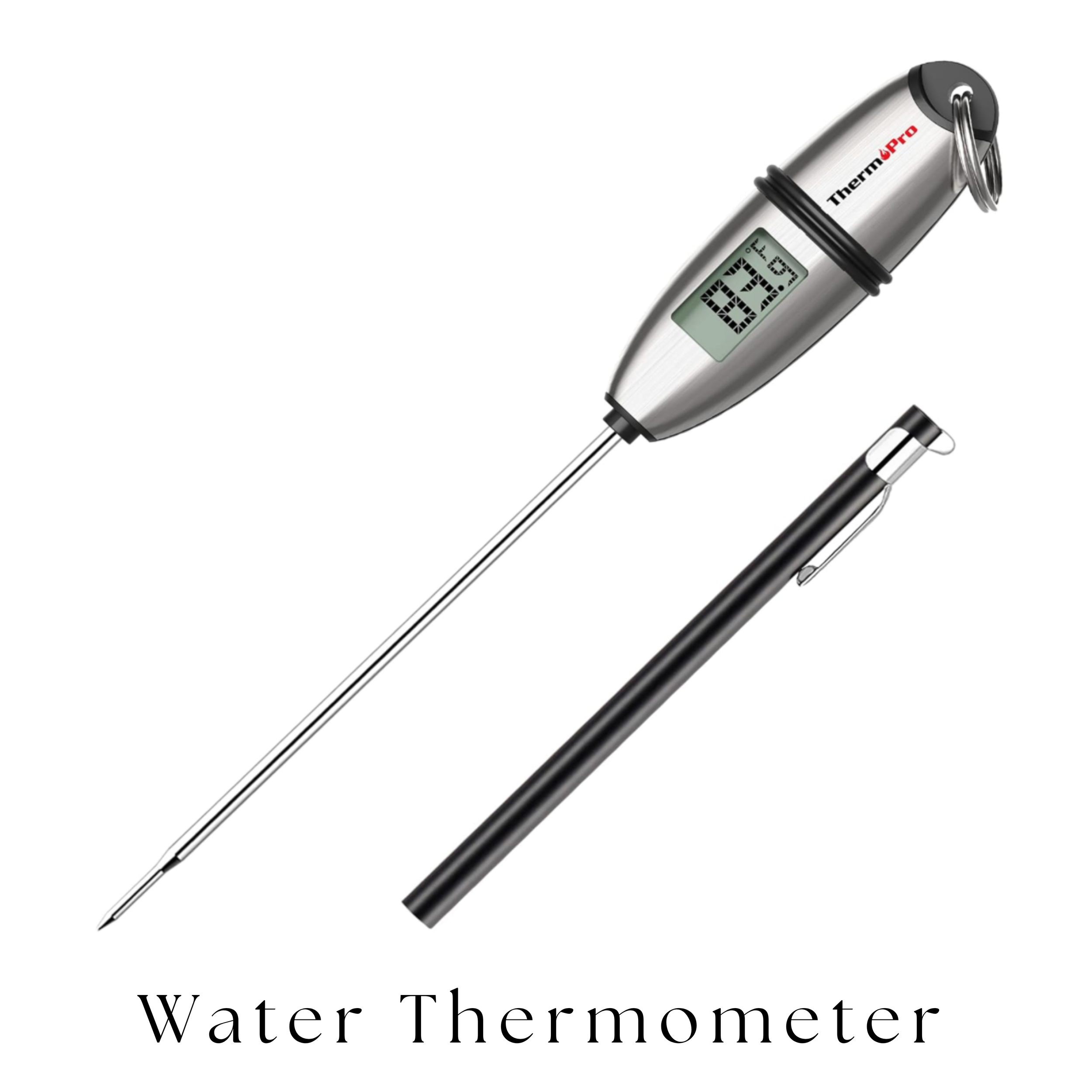A digital water thermometer with a stainless steel probe and a black and silver handle, displaying a temperature of 83.9°F.