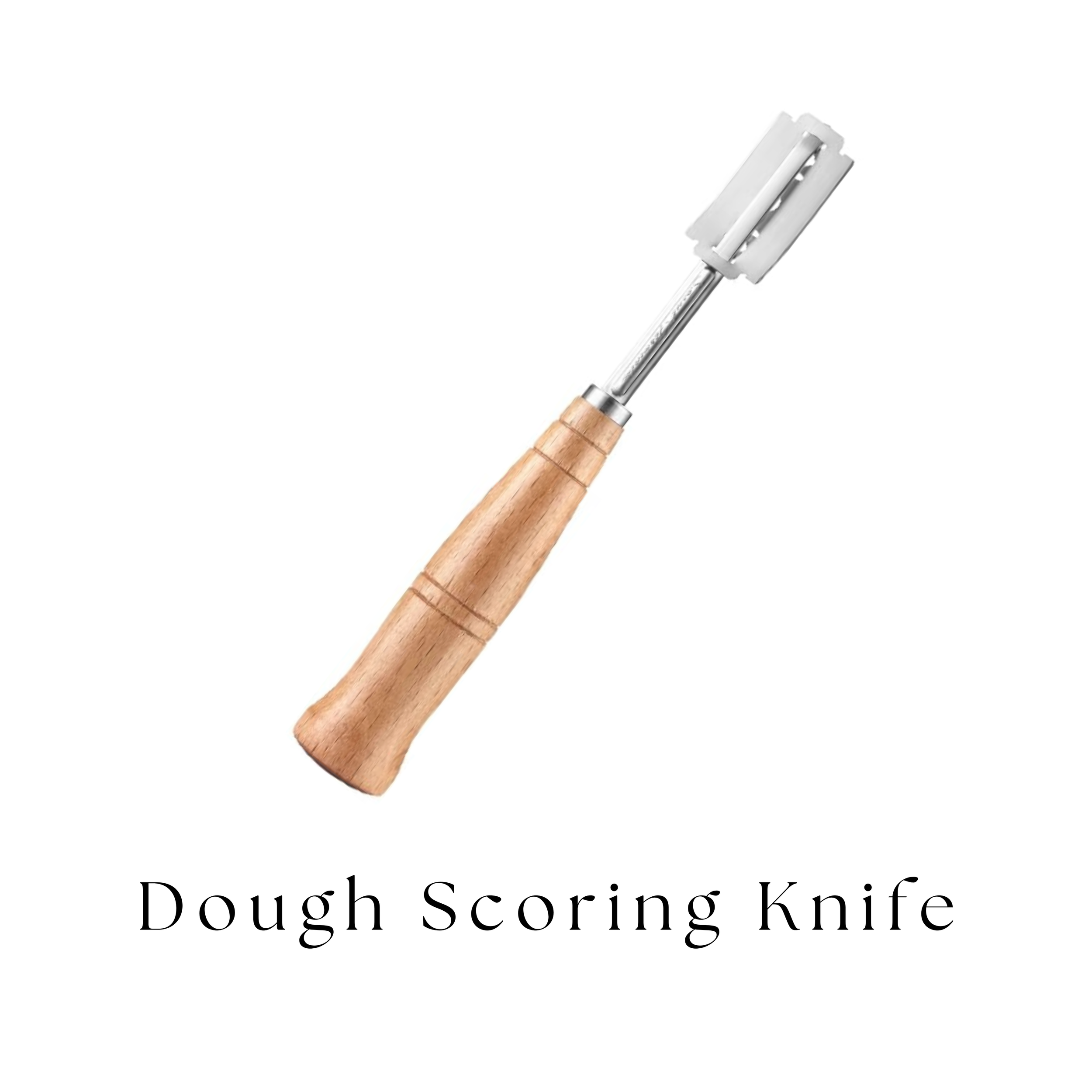 A dough scoring knife with a wooden handle and a metal blade, labeled 'Dough Scoring Knife'.