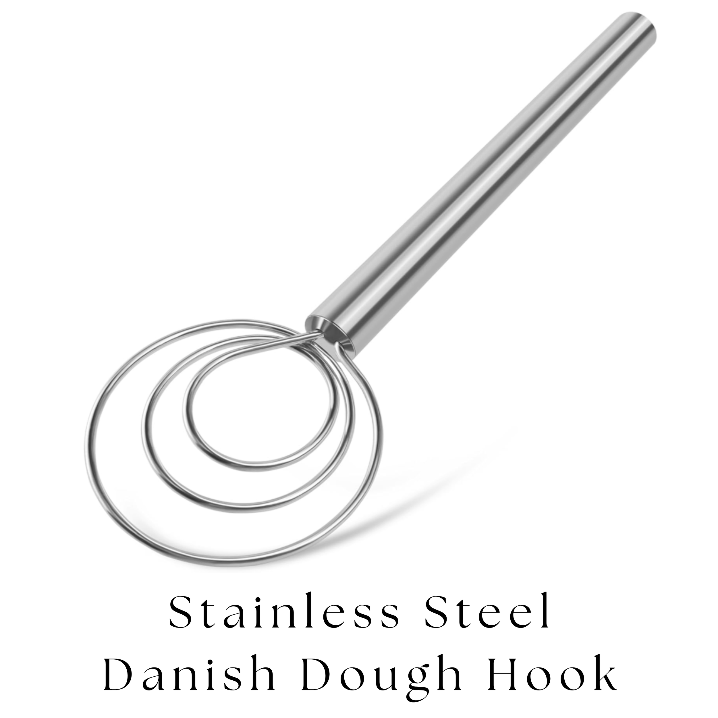 A stainless steel Danish dough hook with three concentric circular rings connected to a long handle.