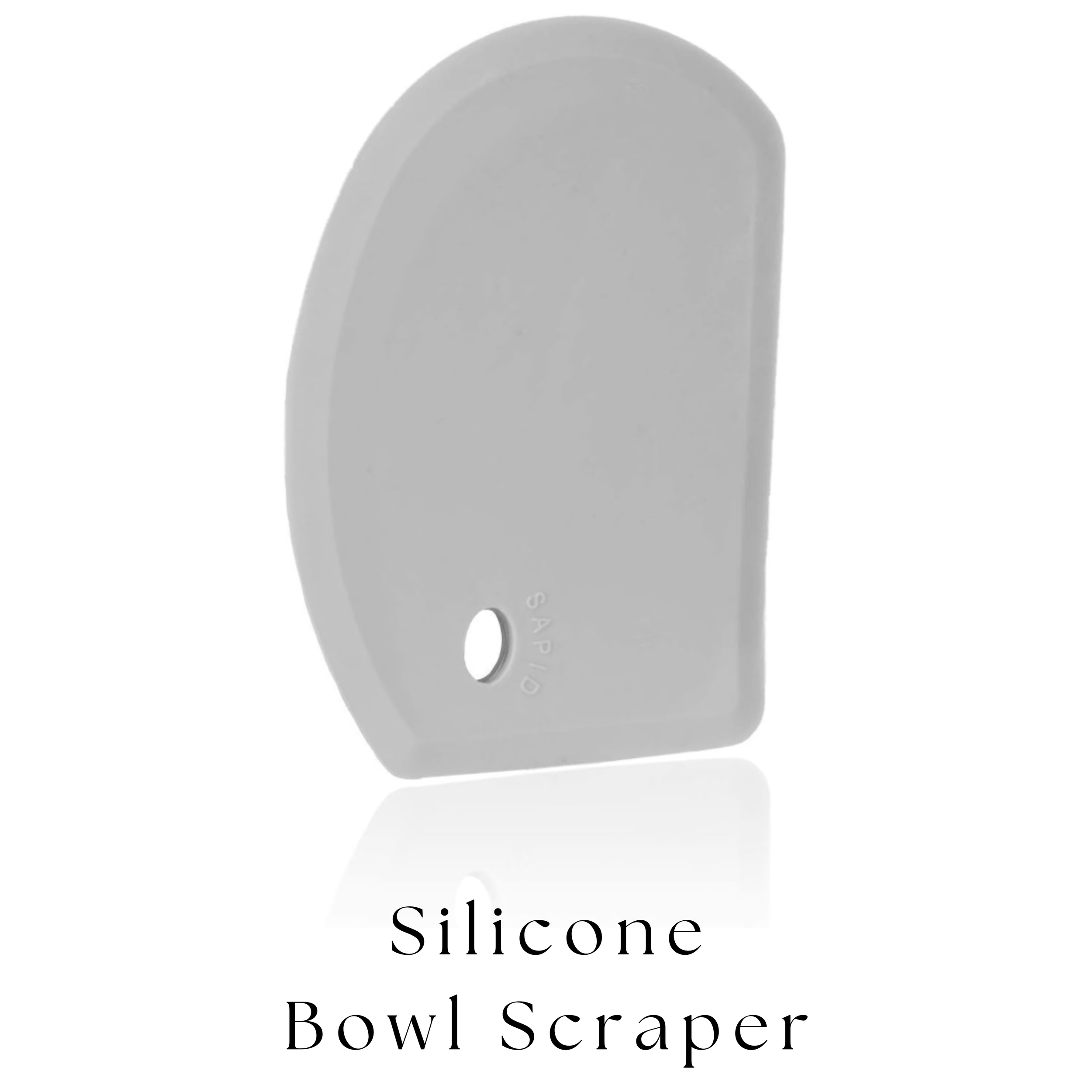 Gray silicone bowl scraper with a hole near the edge, reflected on a white surface, with the text 'Silicone Bowl Scraper' below.