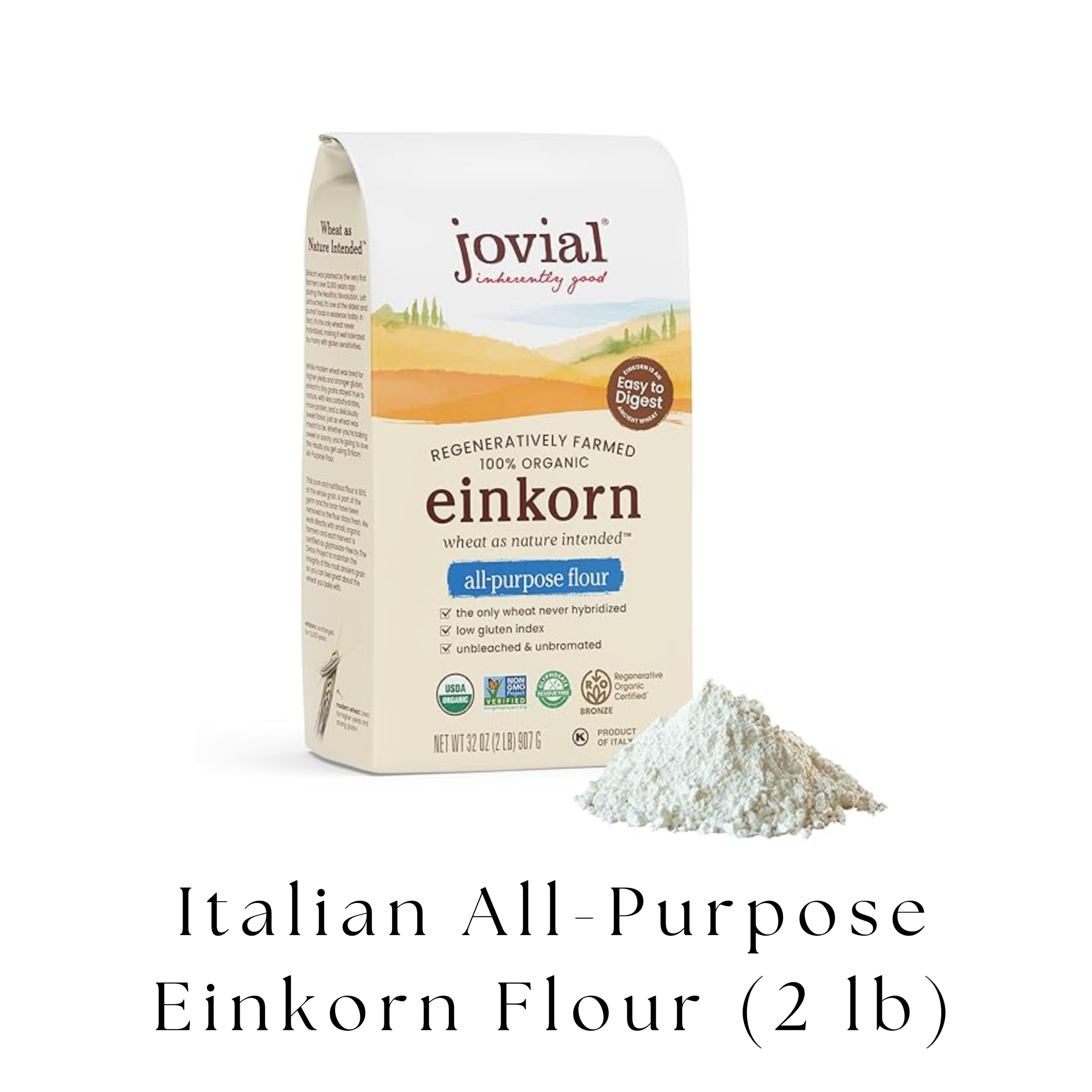 A package of Jovial einkorn all-purpose flour with a pile of flour beside it, set against a white background. Text below states 'Italian All-Purpose Einkorn Flour (2 lb).'