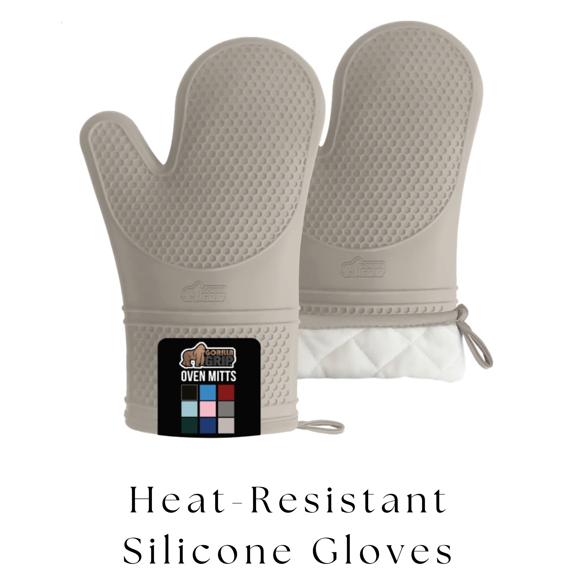 Pair of heat-resistant silicone oven mitts with quilted lining, displaying the Gorilla Grip brand label.