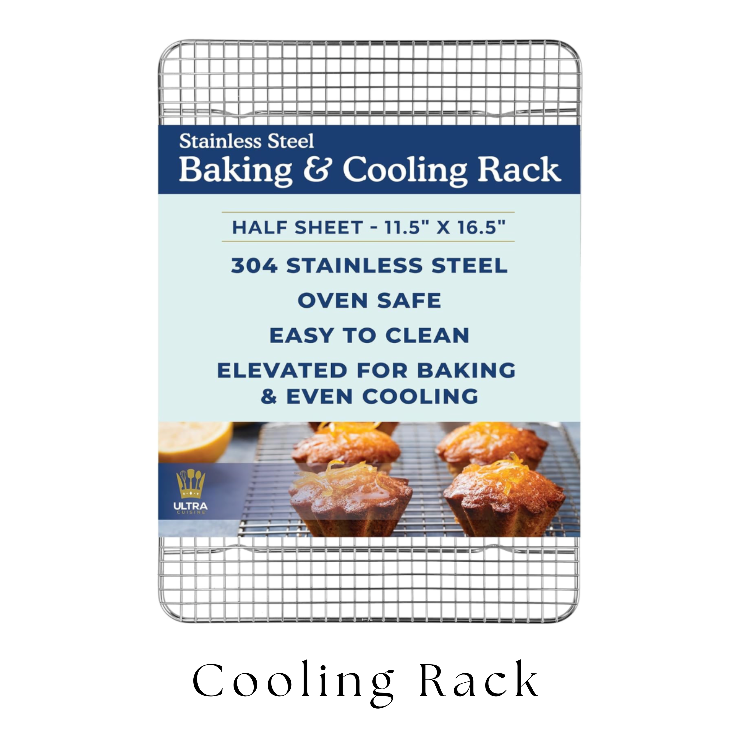 Stainless steel baking and cooling rack with label indicating half sheet size, dishwasher safe, and designed for baking and cooling.