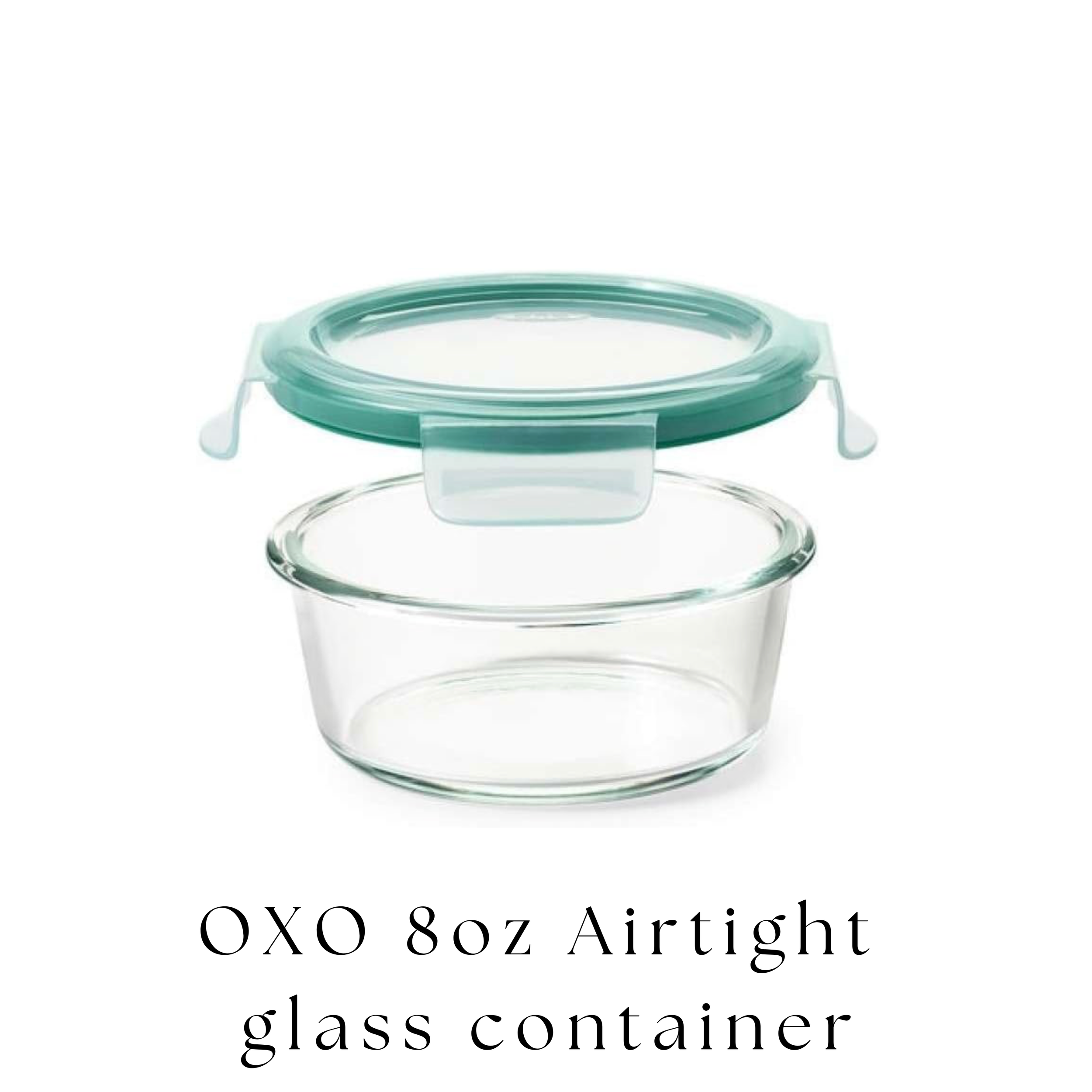 An OXO 8 oz airtight glass container with a teal lid, shown with the lid off.