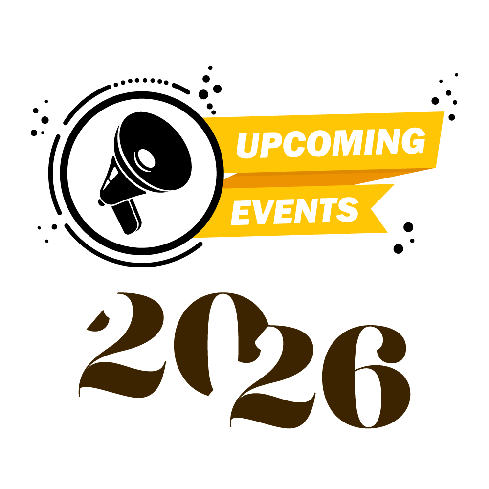 Announcement for upcoming events in 2025 featuring a black and white megaphone icon, yellow banners with white text, and gold glitter numbers '2025'.