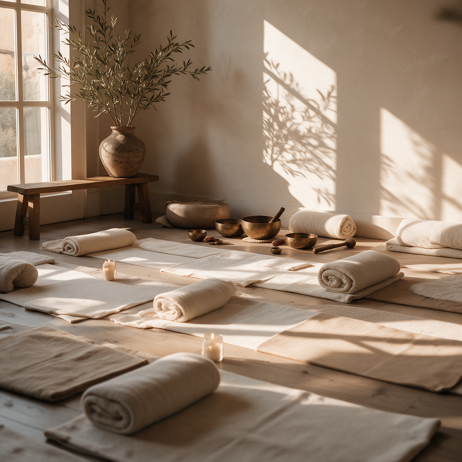 Sound Bath space prepared with mats and singing bowls at The Violette House in Groton, MA