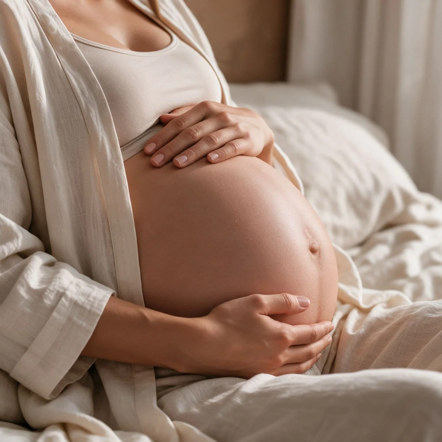 Pregnant woman cradling her belly for prenatal acupuncture support