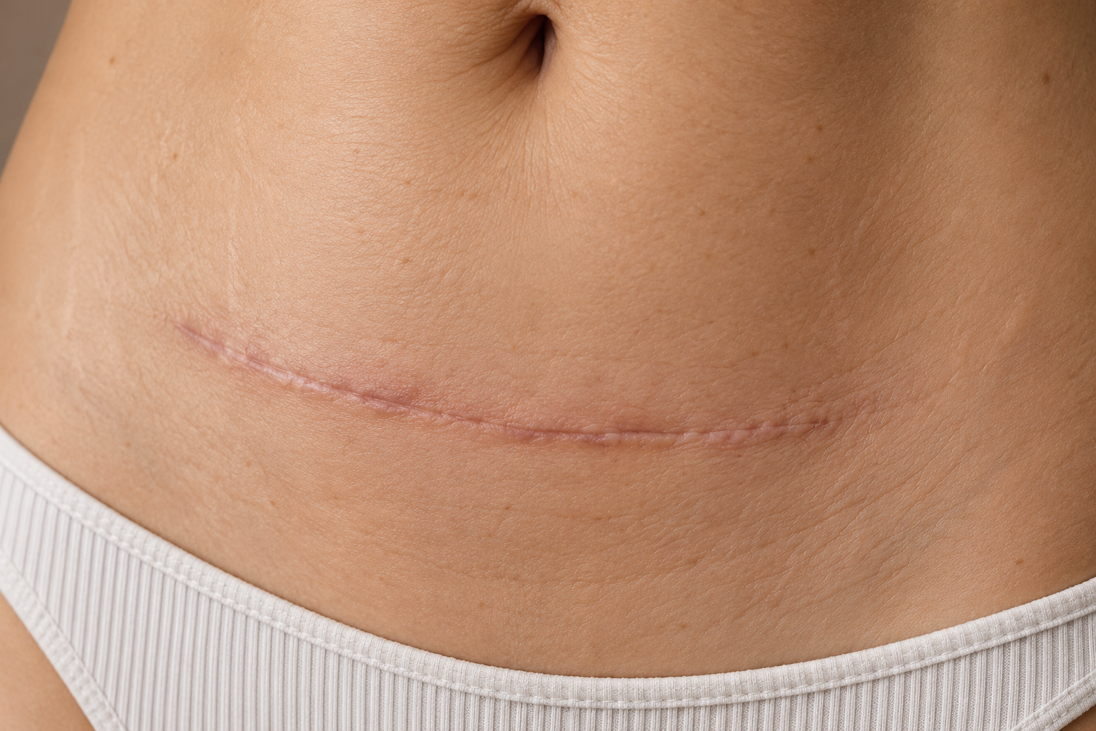 Healed surgical scar on the lower abdomen