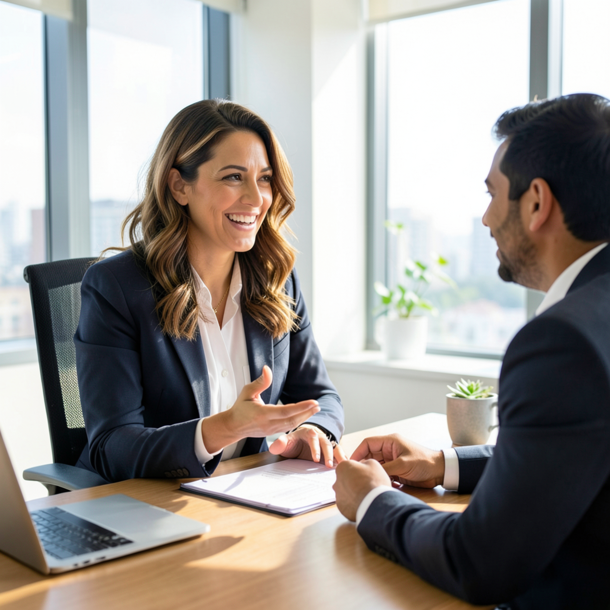 A woman with wavy brown hair wearing a blazer is meeting with a male client with short dark hair and a suit.. They are sitting on opposite sides of a a desk.