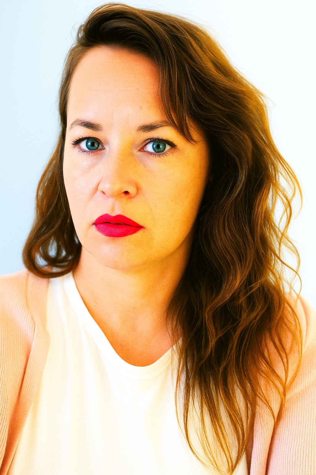 Close-up of a woman with long wavy red hair, light eyes, red lipstick, wearing a white top and a peach-colored cardigan, against a light background.