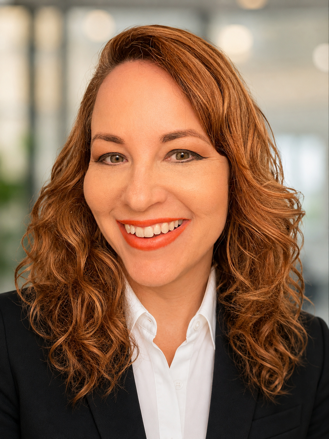 Dr. Amy Gunter is pictured here. She is a woman with light brown hair and green eyes wearing a white collared shirt and dark blazer.