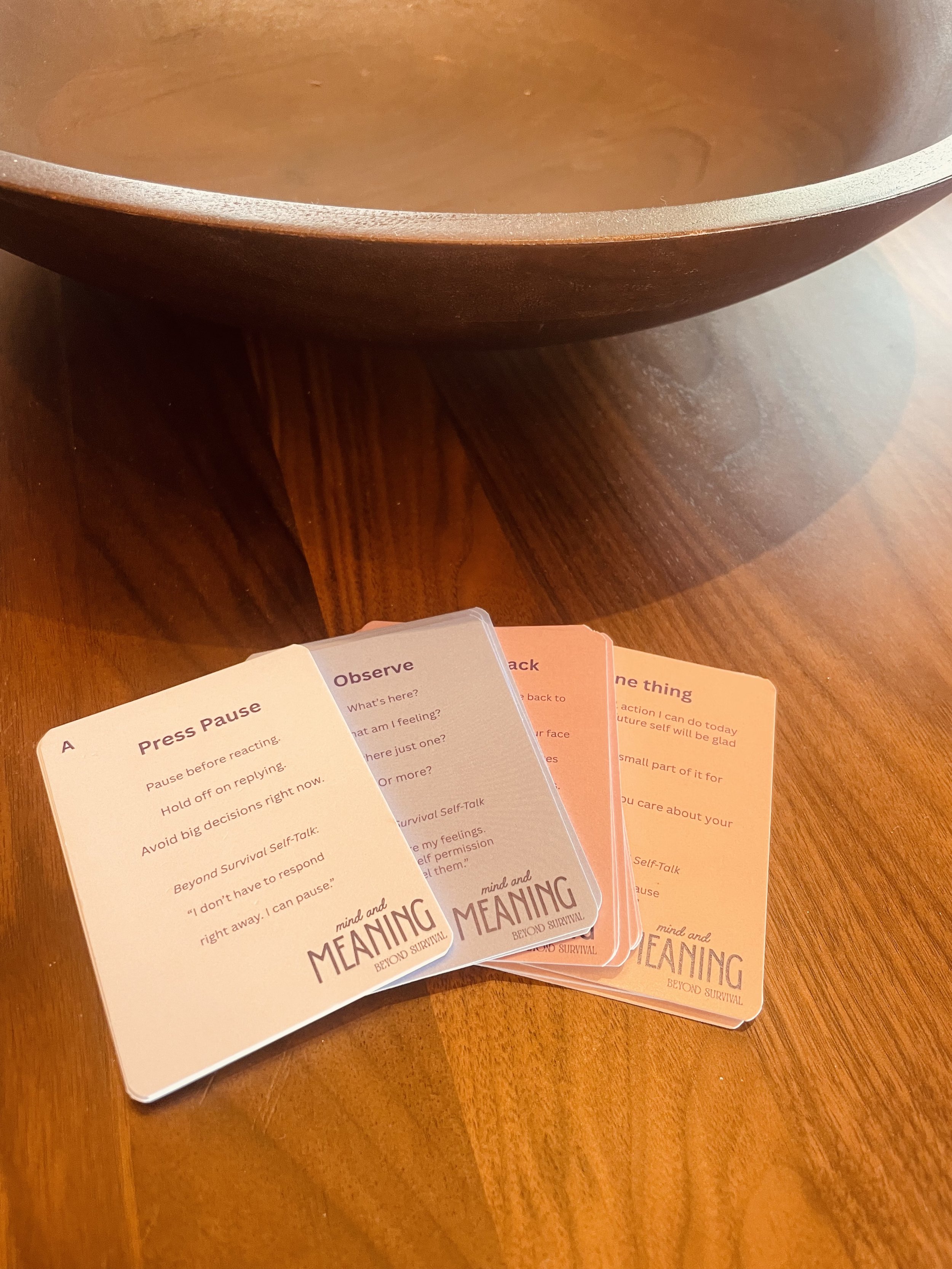 The front of the coping cards for the 4 emotional stages. The states are organized by letters A, B, C, D and color coded.