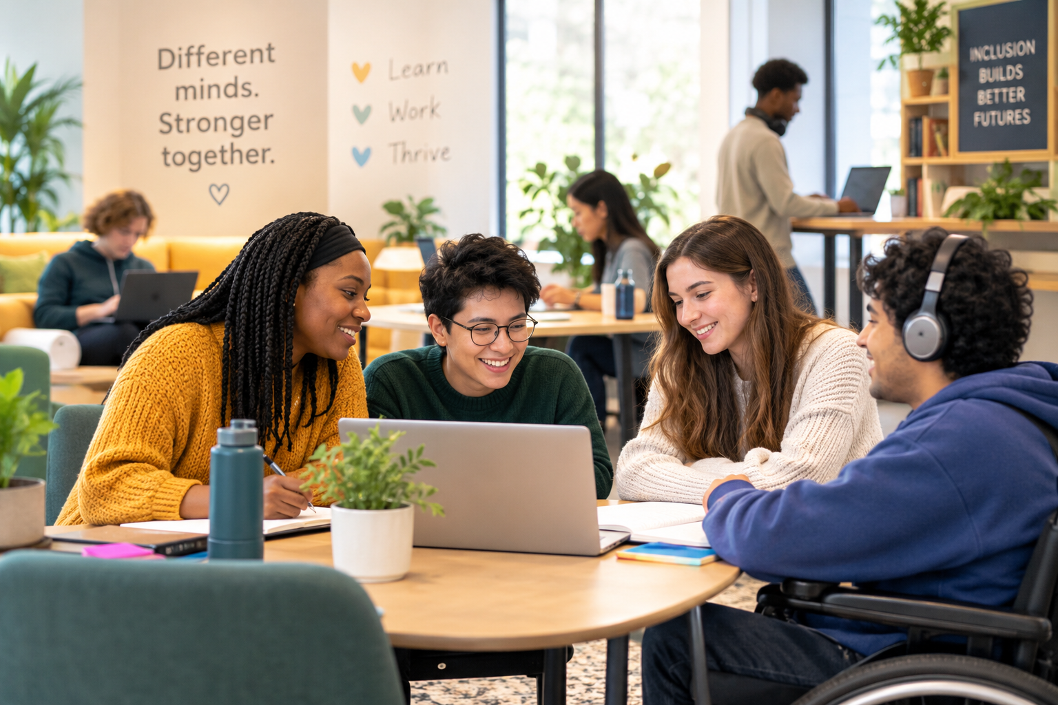 Four young adults are working togeither at a wood table. They have note pads and a laptop computer between them.