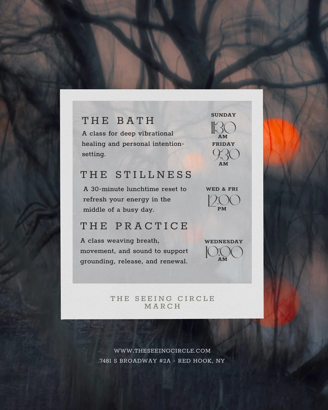 March Circles are taking shape.

The Bath
The Stillness
The Practice

After a powerful week in the sky, it feels like a good time to gather again.

Classes are offered at a suggested rate so everyone who wants to be there can be.

You can view the sc