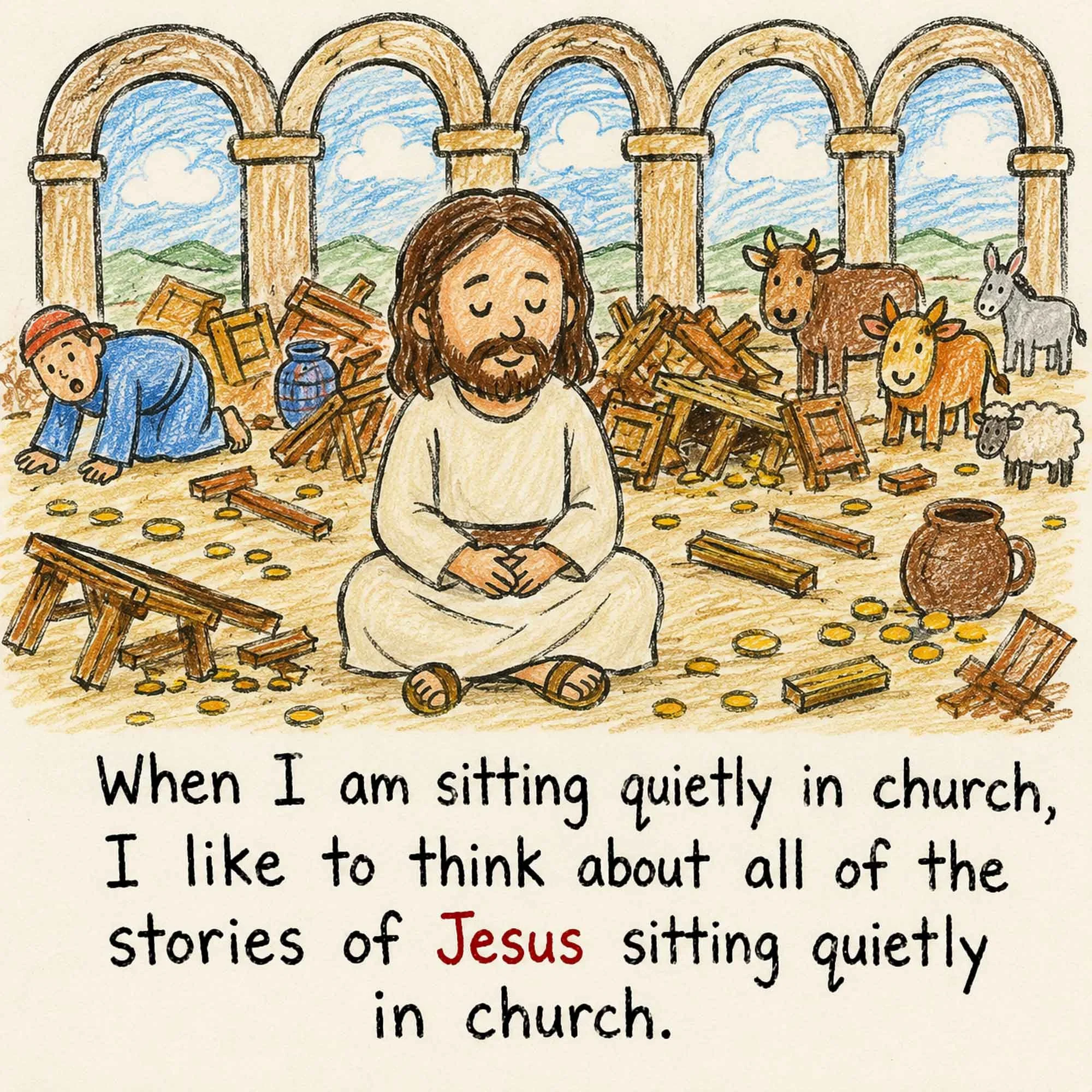 A childlike crayon illustration inspired by John 2:13-16, showing Jesus sitting peacefully amid the aftermath of clearing the temple. Christian comedy artwork from That’s Not How You Christian.