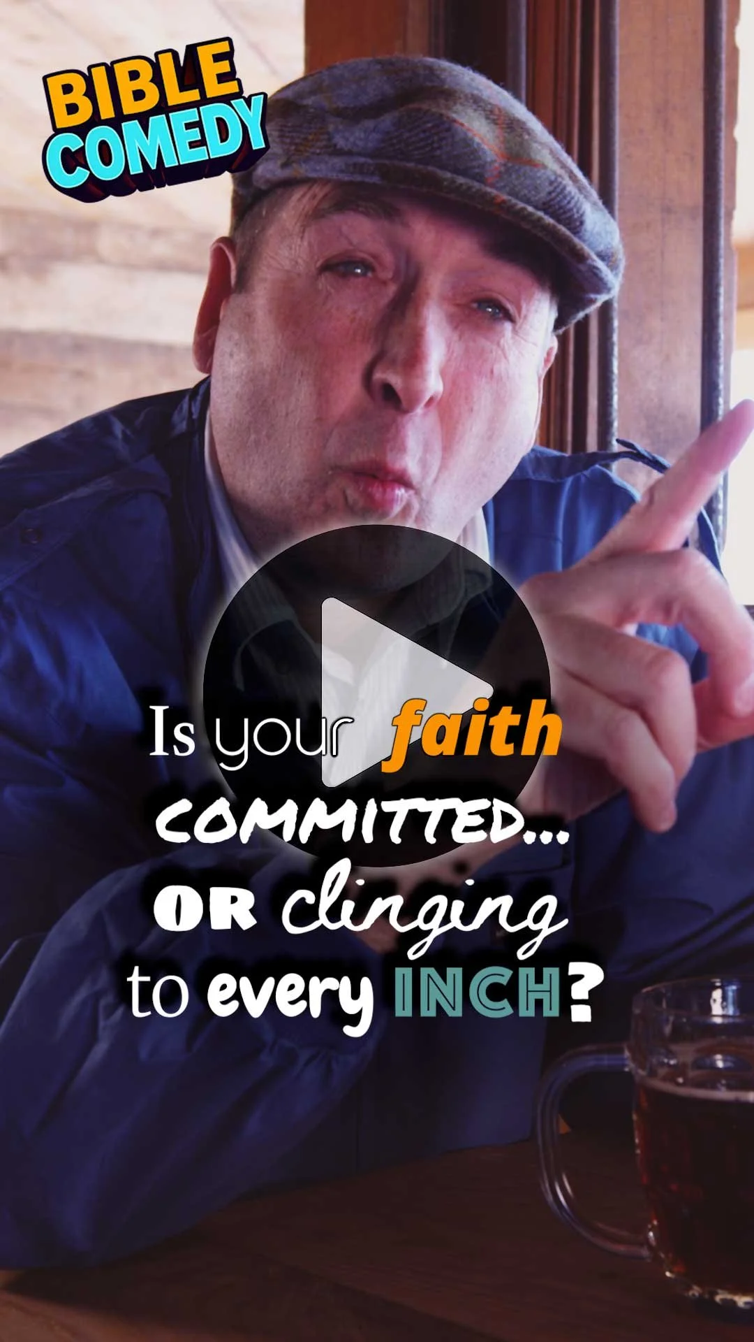 Winston from That’s Not How You Christian pointing while holding a drink, with on screen text “Is your faith committed or clinging to every inch” from a Genesis 17 Bible comedy video about Abraham and circumcision.