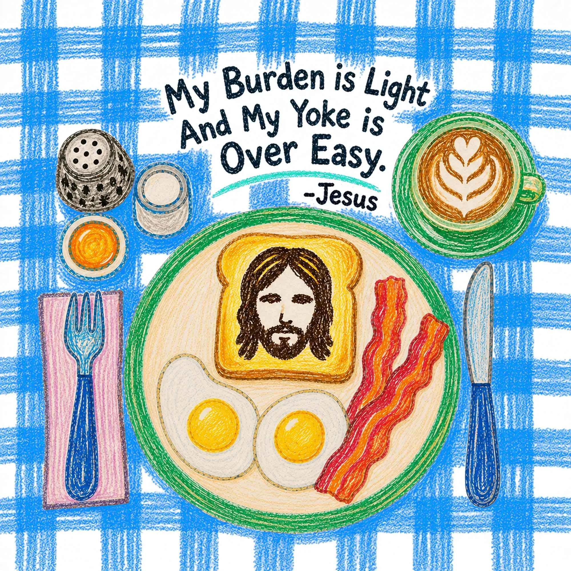 A childlike crayon illustration inspired by Matthew 11:30, featuring eggs, bacon, coffee, and Jesus depicted on toast with the joke “My burden is light and my yoke is over easy.” Christian comedy artwork from That’s Not How You Christian.