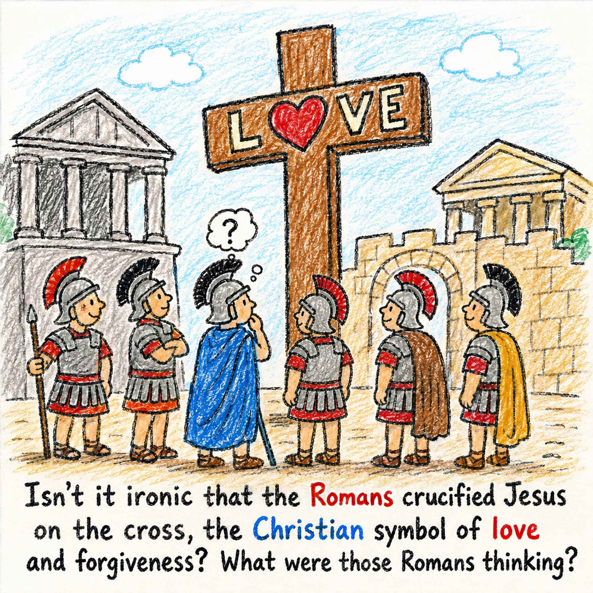 A childlike crayon illustration showing puzzled Roman soldiers gathered around a wooden cross marked “LOVE.” The joke asks why the Romans crucified Jesus on the cross, which later became a Christian symbol of love and forgiveness. Christian comedy ar